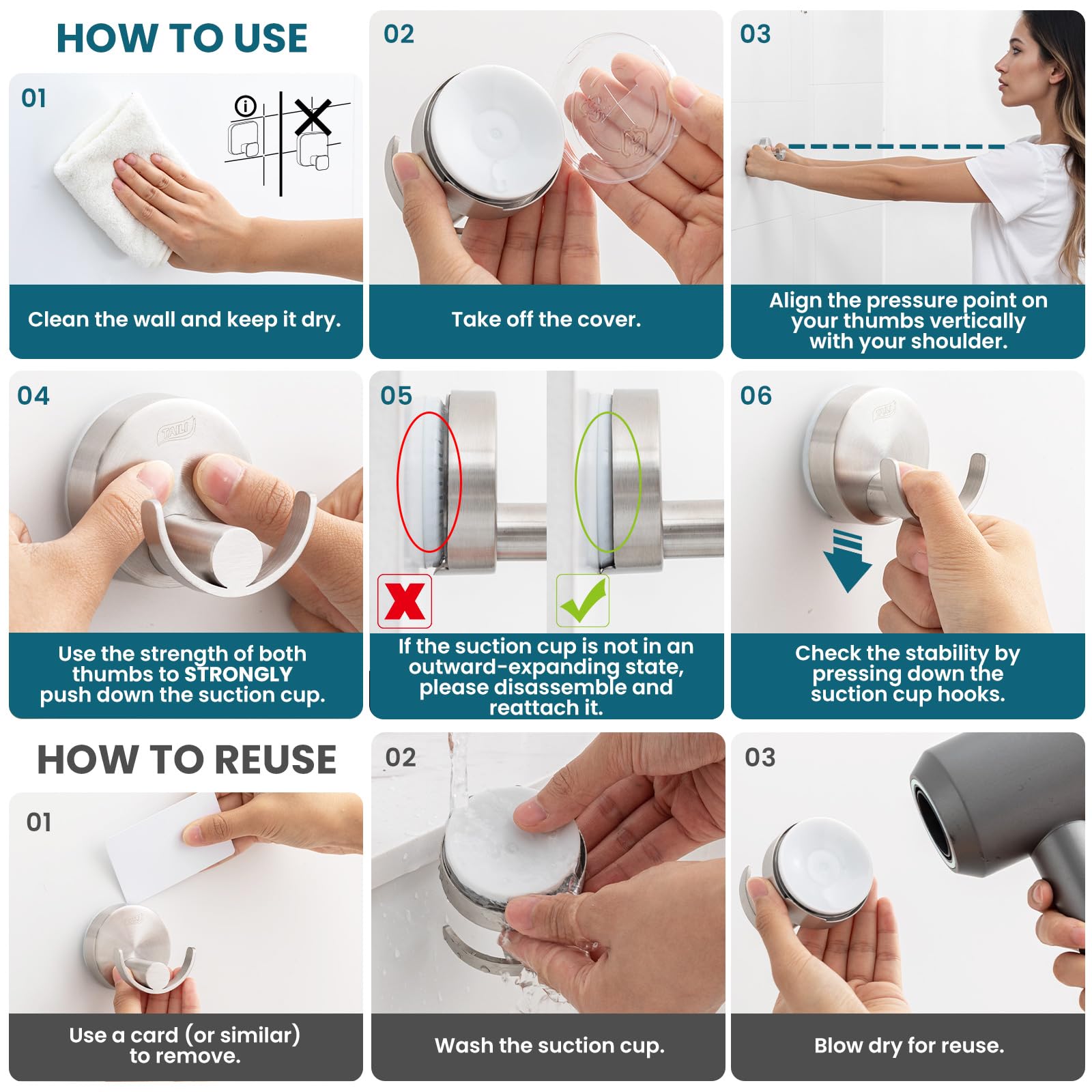 TAILI 304 Stainless Steel Bathroom Suction Hooks for Towel Bathrobe Loofah Patented Strong Suction Cup Holder No Damage — view 9