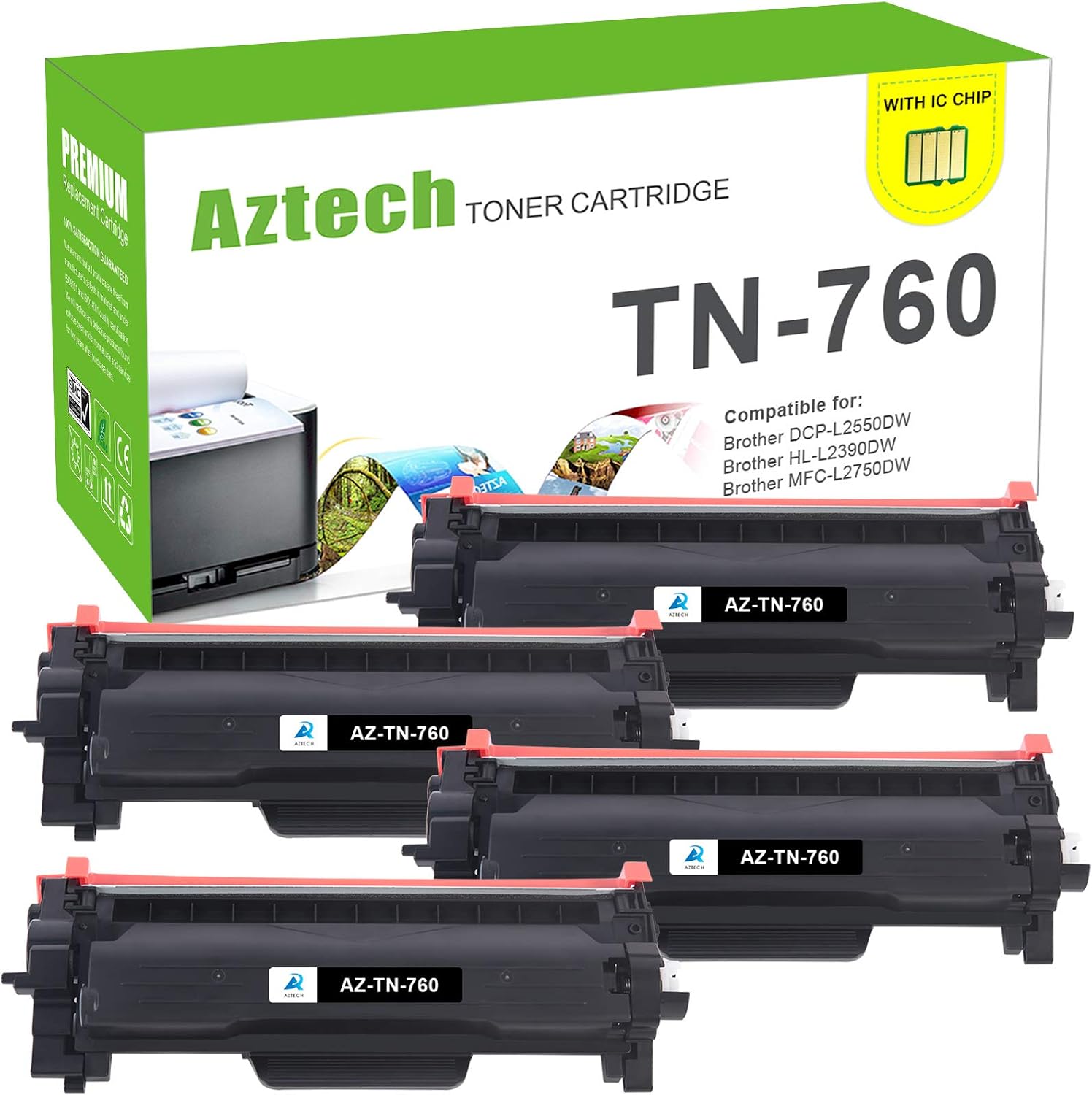 Aztech Compatible Toner Cartridge Replacement for Brother TN760 TN-760 TN 760 TN-730 TN730 HL-L2350DW L2395DW L2390DW L2370DW MFC-L2710DW L2750DW DCP-L2550DW MFC-L2750DWXL HL-L2370DWXL (Black, 4-Pack)