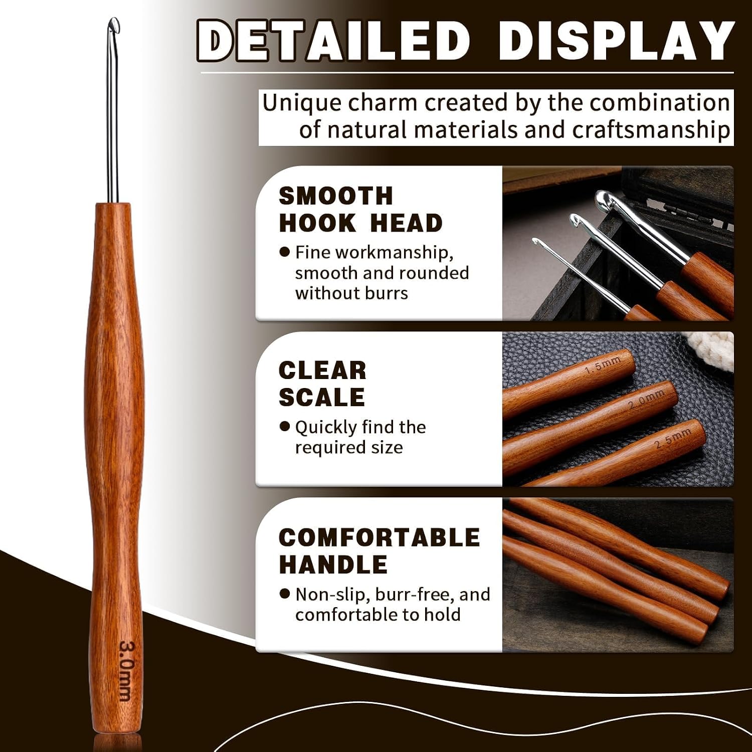 Nitlak Crochet Hooks Set, 3 Size Aluminum Ergonomic Crochet Hooks with Wooden Handle for Arthritic Hands, Beginners, Crochet Needles for Knitting Sweaters, Scarves and Blankets(3mm/4mm/5mm)