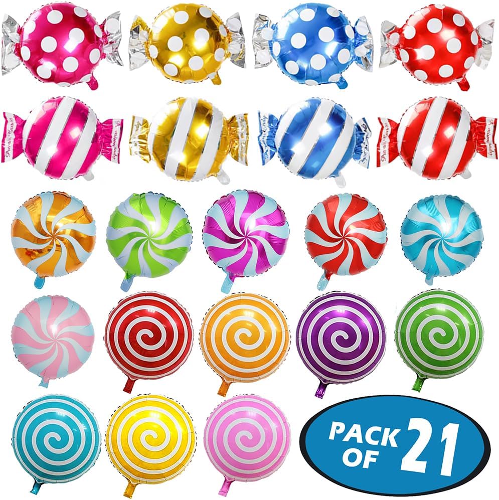 21 Pack Candy Balloons Set, Including 13 Pack Round Lollipop and 8 pack Candy Shape Balloons, Candyland Party Decorations, Aluminum Balloon For Birthday Wedding Party