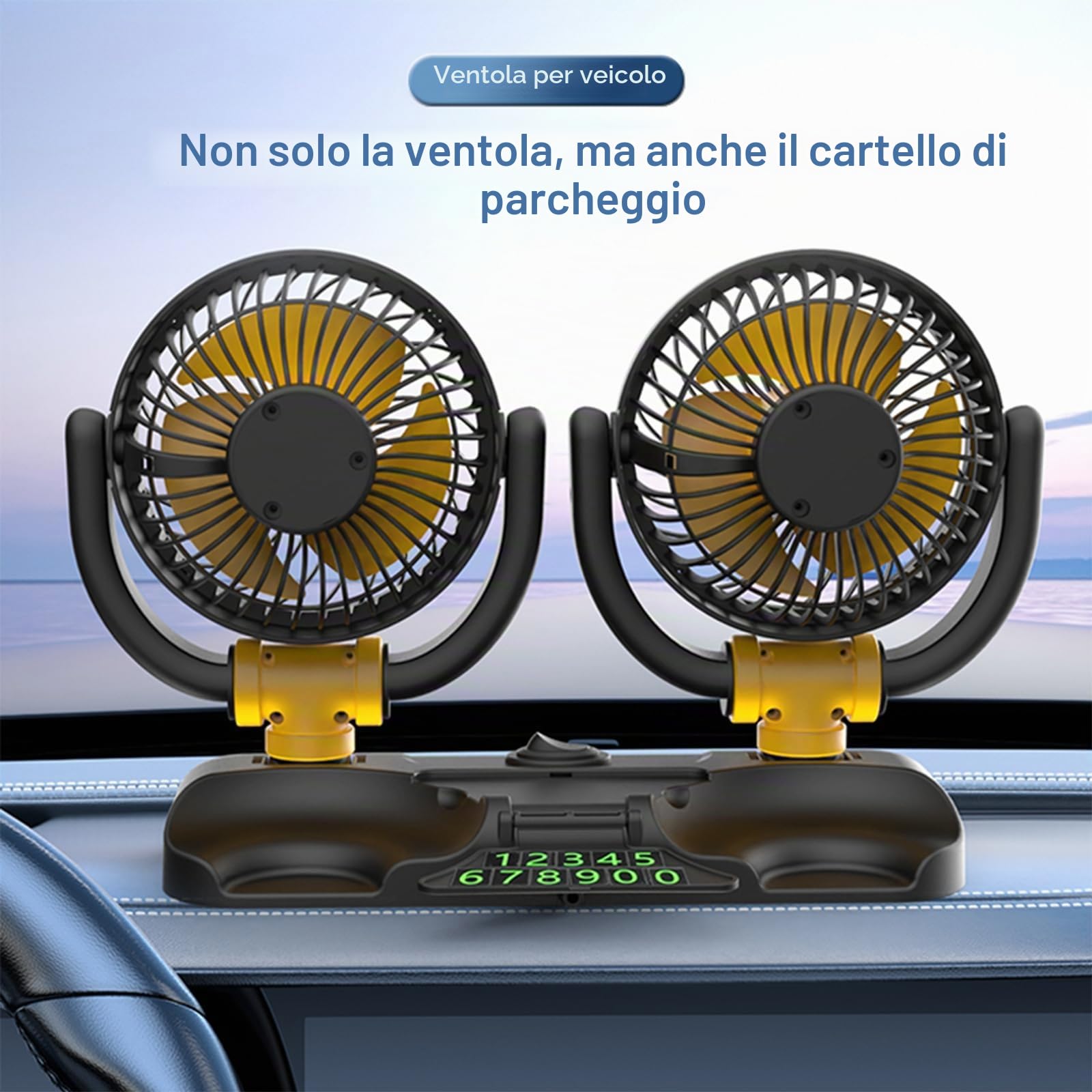 Ventilatore per auto, 12 V, doppia testa, per auto, girevole a 360 gradi, con presa accendisigari, potente e silenzioso, per auto, furgone, camper, barca