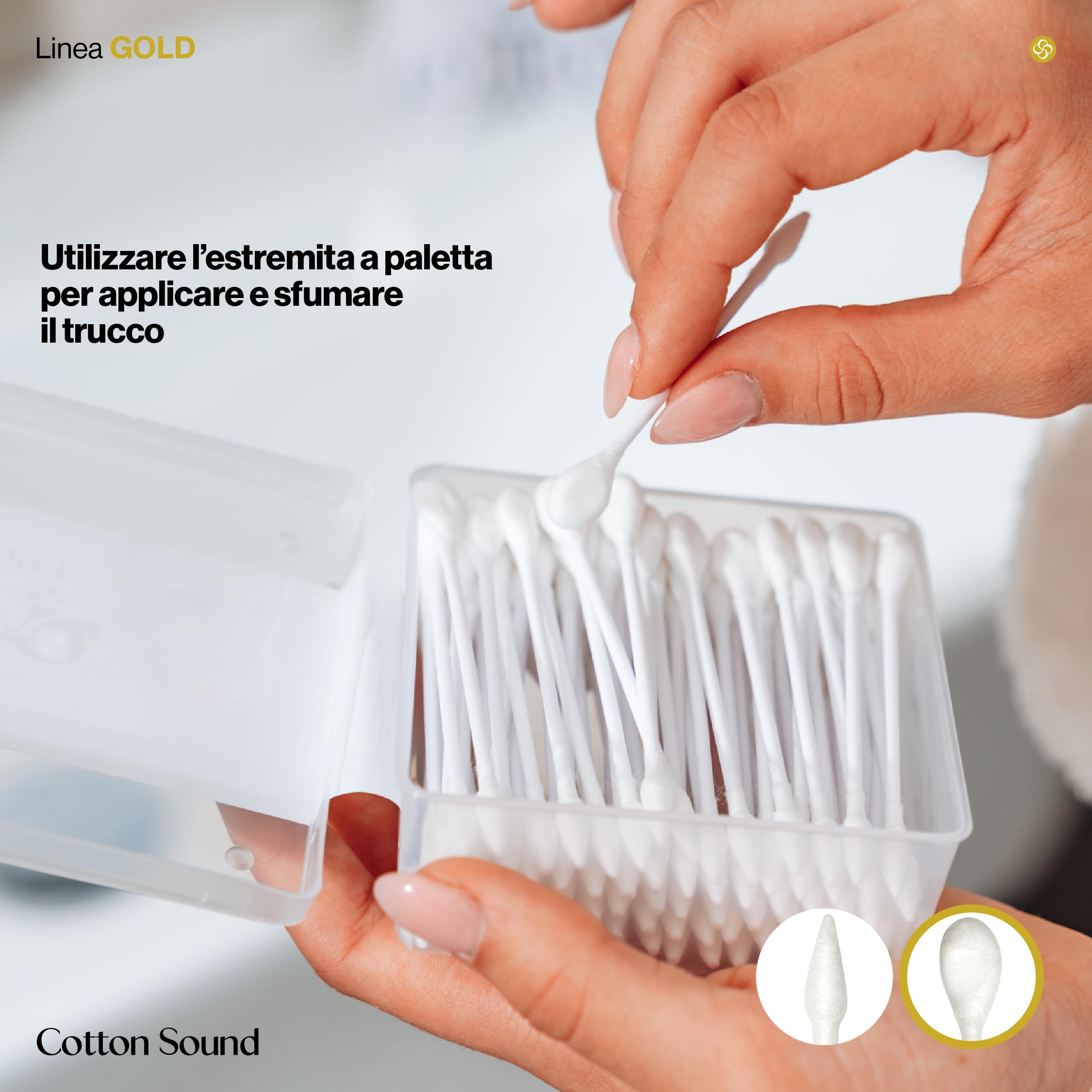 COTTON SOUND GOLD MAKE UP Applicatori Cosmetici Cotonati 24 confezioni x 80 Pezzi, Scatola in Carta Biodegradabile, 100% Puro Cotone Idrofilo, Ideali Trucco e Manicure, Made in Italy
