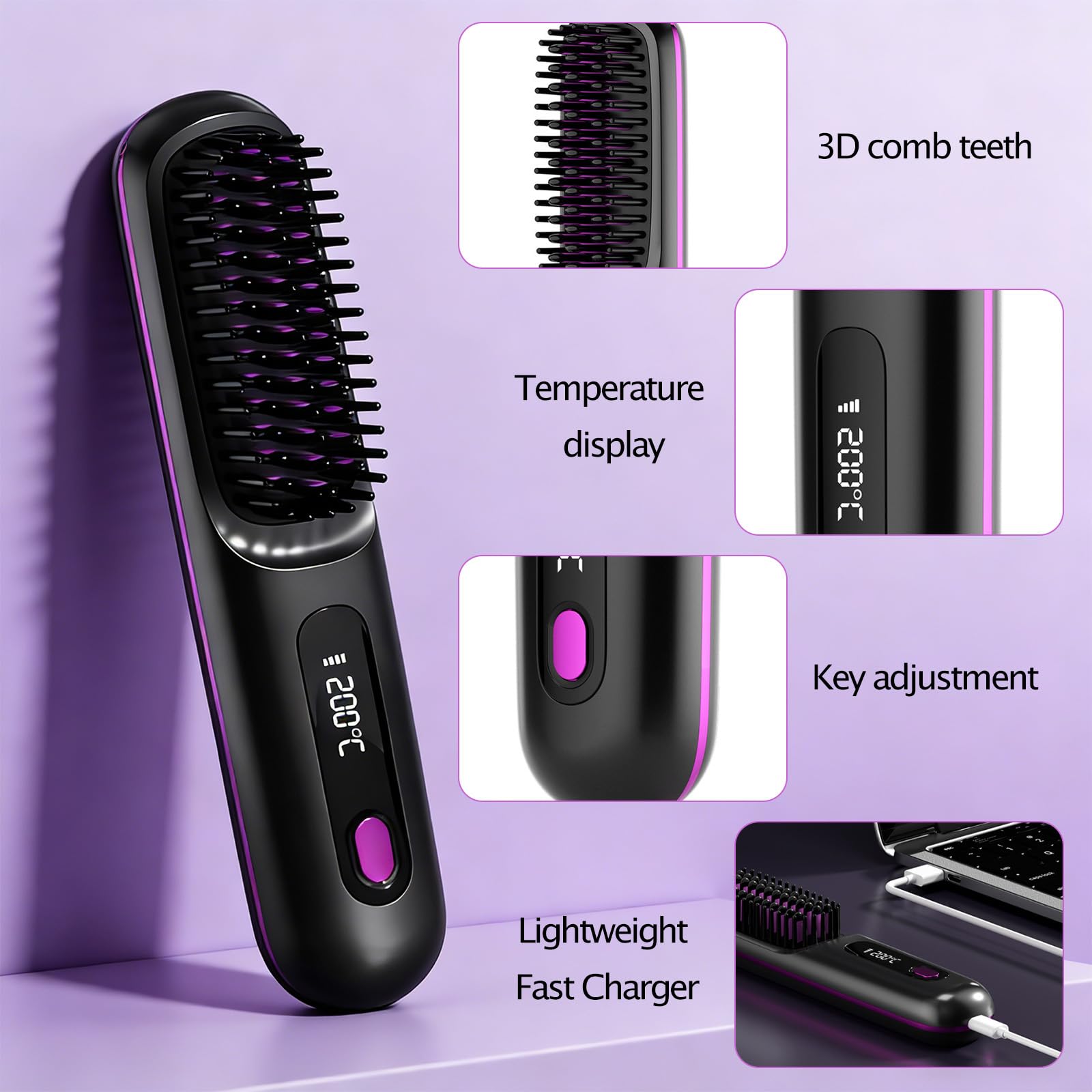 Cepillo Alisador de Pelo Inalámbrico, Cepillo de Pelo con Iones Negativos, con pantalla LED, Recarga USB, 3 niveles de temperatura para cabello liso, rizado y seco, compacto y portátil (Negro)