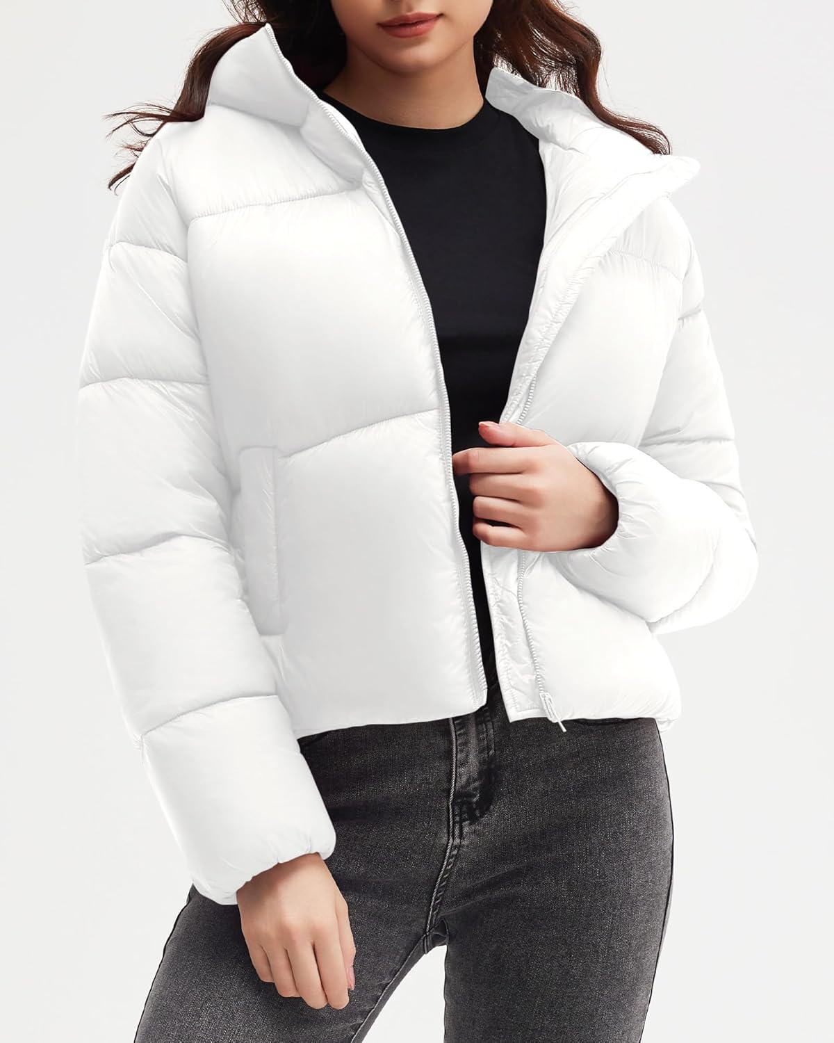Polu Womens Cropped Puffer Jackets with Removable Hood Lightweight Winter Zip Up Padded Quilted Coat - Image 3