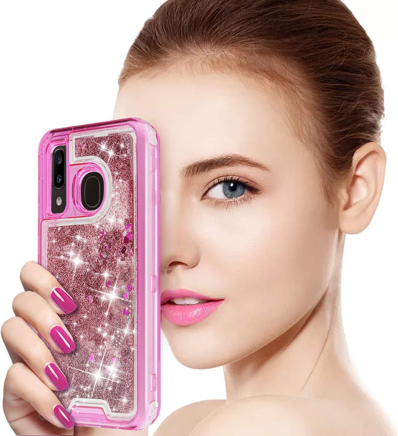 TJS Phone Case Compatible with Samsung Galaxy A20/Galaxy A30/Galaxy A50, Transparent Liquid Glitter Snap On Hybrid Moving Quicksand Bumper Drop Protector Cover (Pink)