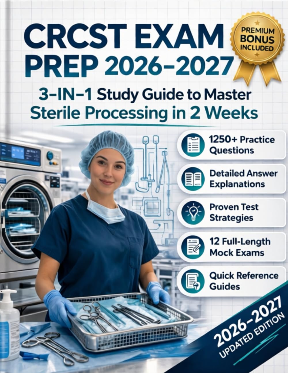CRCST Exam Prep Certification 2026: 3-IN-ONE STUDY GUIDE To Master Sterile Processing in 2 WEEKS with 1,250 Practice Questions | Quick Reference & Bonus Materials | 12 Full-Length Practice Exam