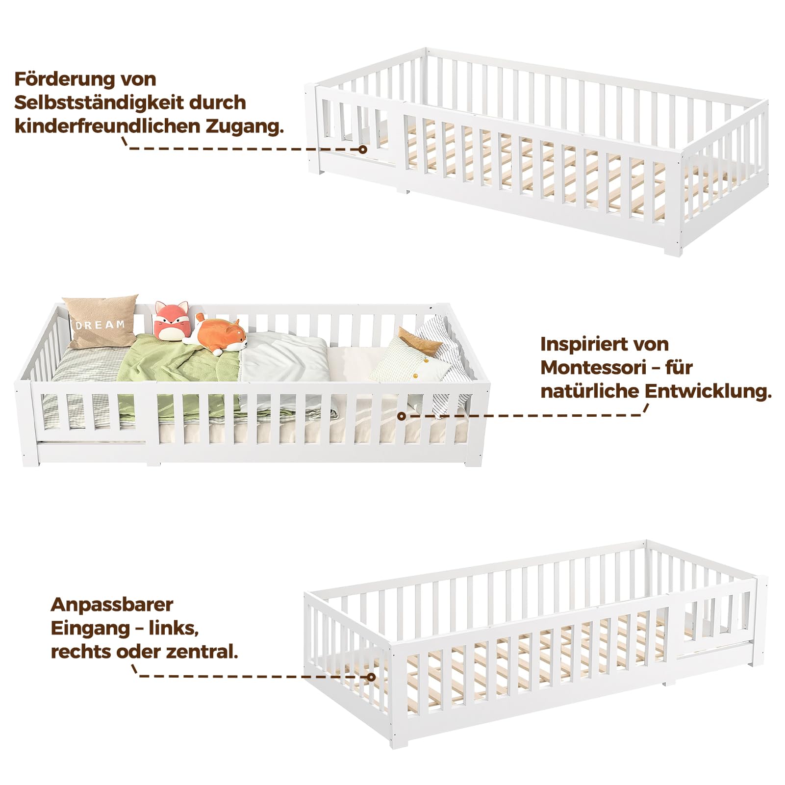 Bodenbett Kinderbett 90x200 cm, Montessori Bett Kinder mit Rausfallschutz inkl. Lattenrost, Einzelbett mit Babytür, Rahmenbetten aus Kiefer Massivholz, Bettgestell Jugendbett, Weiß