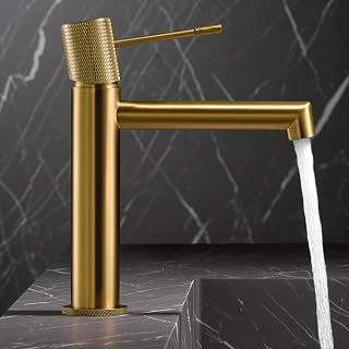 IMEX - Grifo Lavabo Dorado | Grifo Baño Monomando con Agua Fria y Caliente | Grifo de Caño Bajo Fabricado con Latón | Ahorro de Agua y Fácil Instalación | Serie Line | Color Oro Cepillado