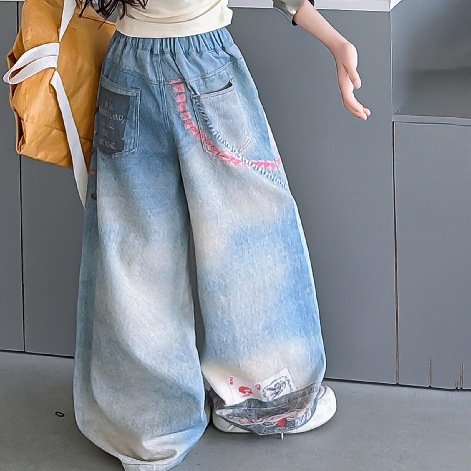 Generisch Mädchen Jeanshose Modische Bedruckte Jeans Beiläufige Lange Hosen Print Straight Lockere Passform Pants Freizeithose Y2K Streetstyle Streetwear Denimhose