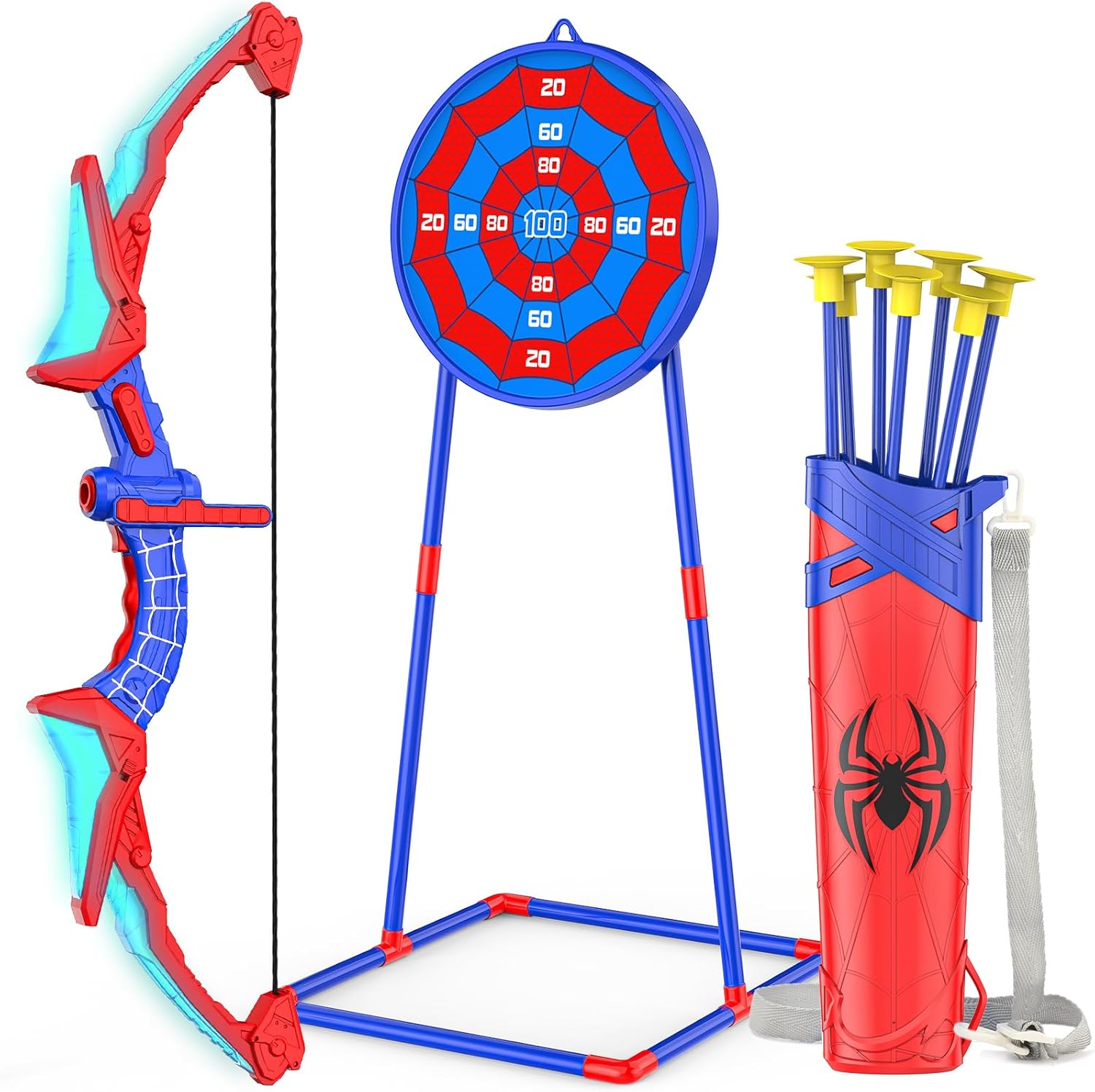 bow and arrow set for kids, led light up archery set with 7 suction cup arrows, quiver & standing web target for indoor/outdoor, birthday gifts toys for 4 5 6 7 8 9 10 12 year old boys girls