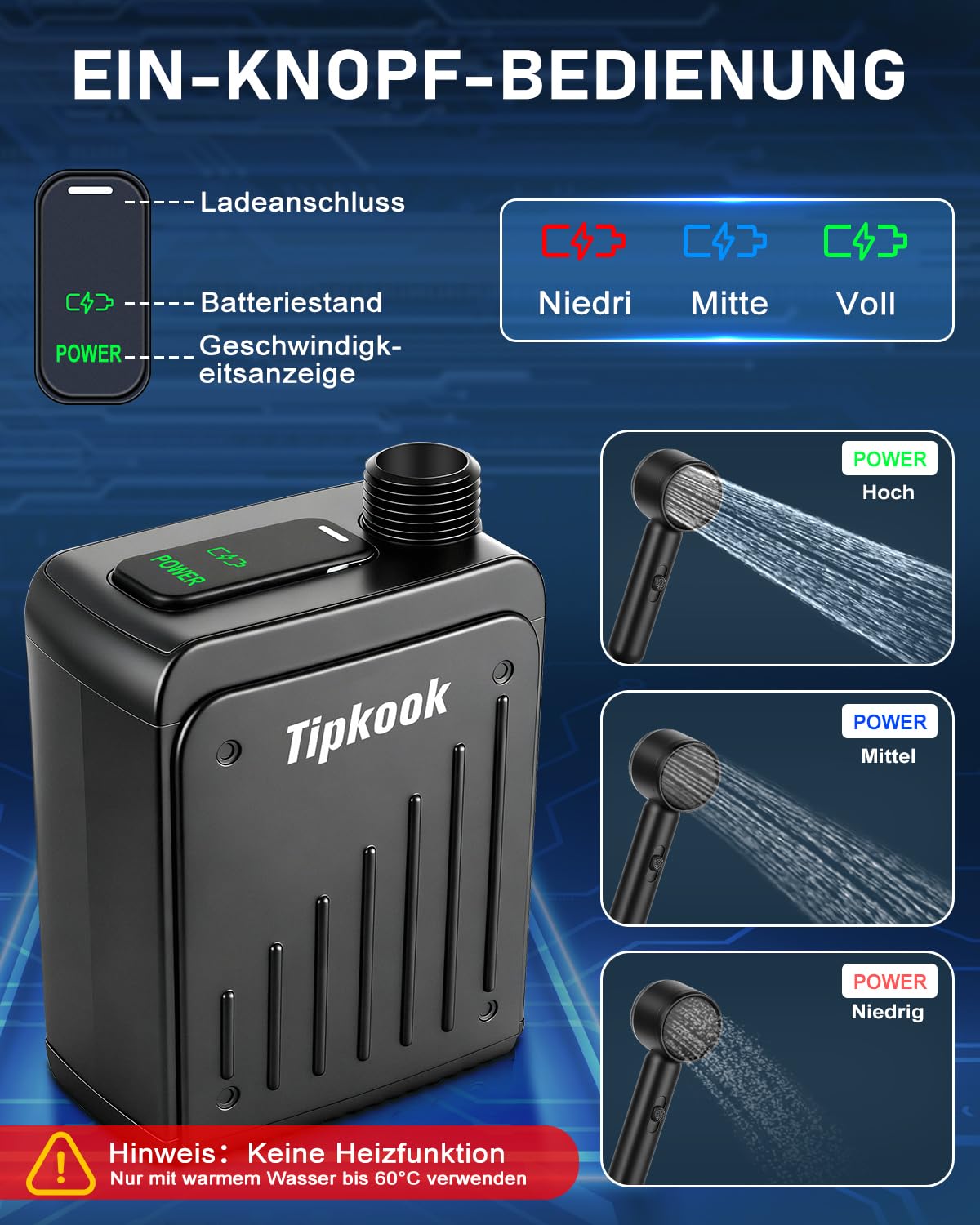 Einfache Tragbare Campingdusche für Einsteiger, 3 Wasserstufen, Mobile Outdoor Dusche mit Pumpe, 5000mAh Akku, Saugnäpfen & Haken für Camping, Tierwäsche, Autowäsche, Obst Waschen, Blumen Gieβen
