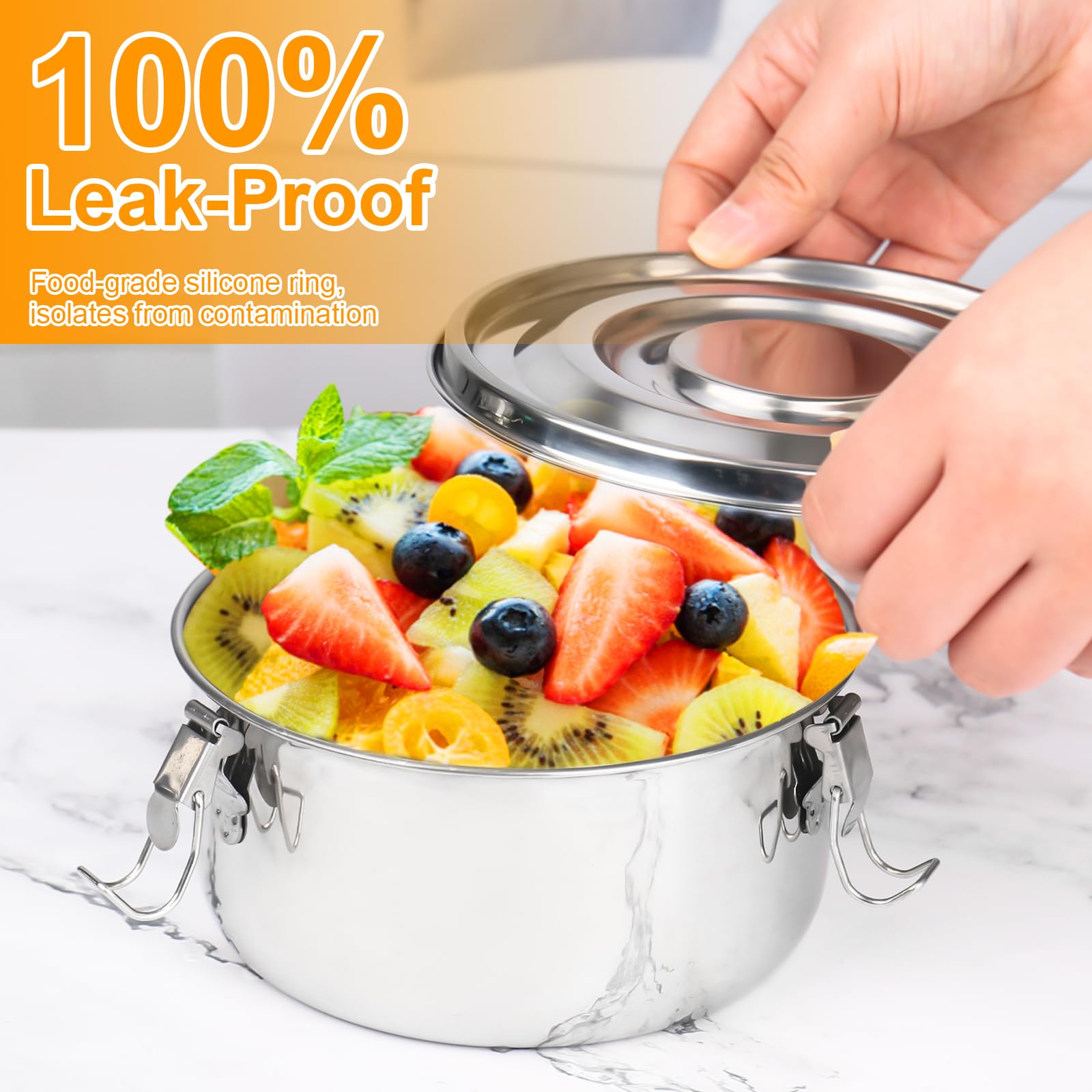 Contenitore in acciaio inox 304 per adulti e bambini, a prova di perdite, in acciaio inox, con coperchio per snack, frutta, cereali, zuppe (660/1040/1590 ml)