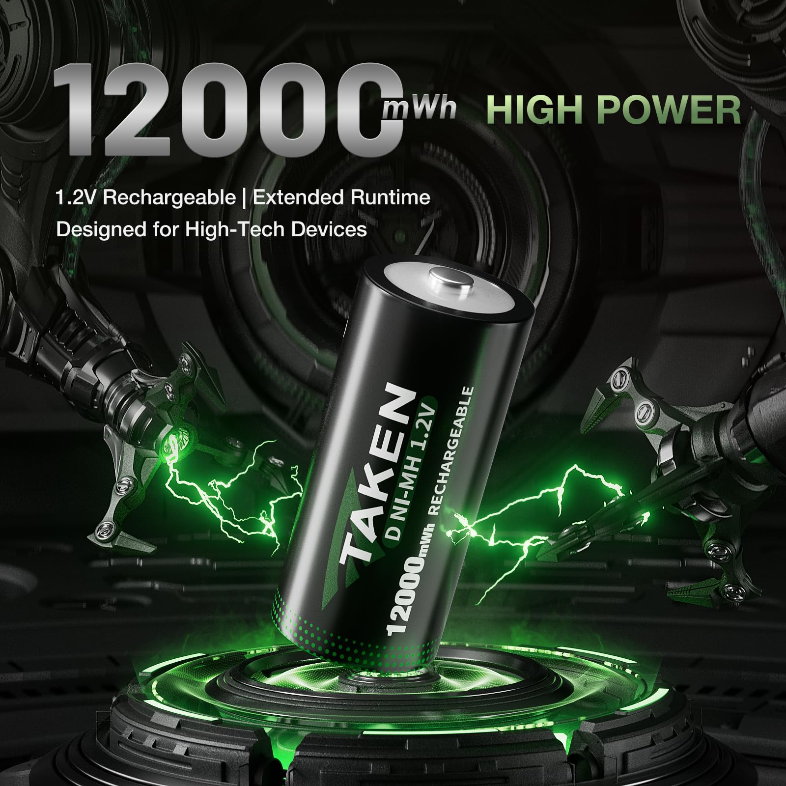 Taken Rechargeable D Batteries with Charger, 4-Pack 12000mWh NiMH D Cell Batteries & 4 Bay Smart Charger - Fast Charging for C/D Batteries, 10-Year Shelf Life & Long-Lasting