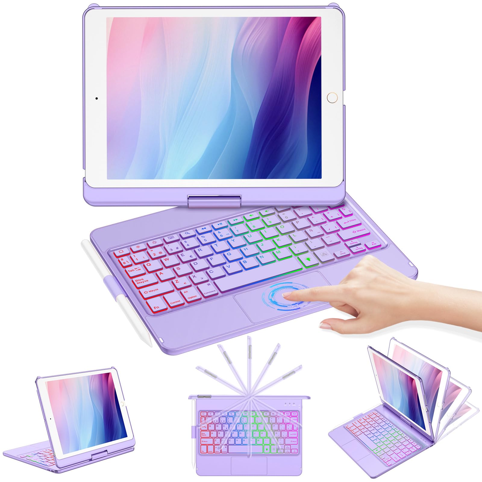 CC Store Funda Teclado para iPad de 9.ª Generación y 8.ª/ 7.ªGen | 360°Rotable,Retroiluminación de 7 colores con Soporte para Lápiz,para iPad 9ª/8ª/7ªGen 10.2", Español Ñ, QWERTY, Morado