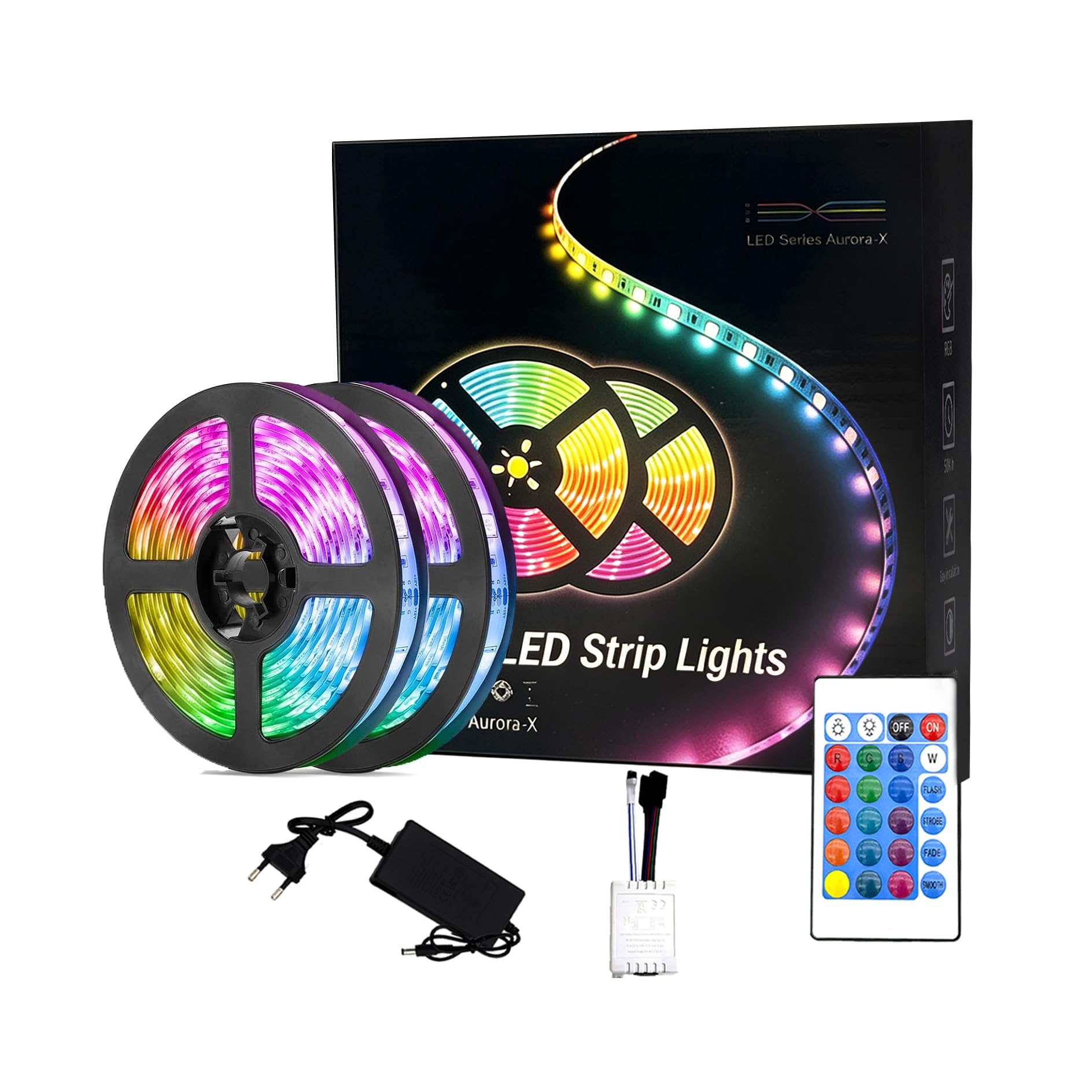 Hkf Ho Ki Ho Multiple Colours: Led Strips Light 15M, Rgb Led Strip Lights With 24 - Keys Remote Control, Colour Changing Led Lights For Bedroom, Party, European Power Plug