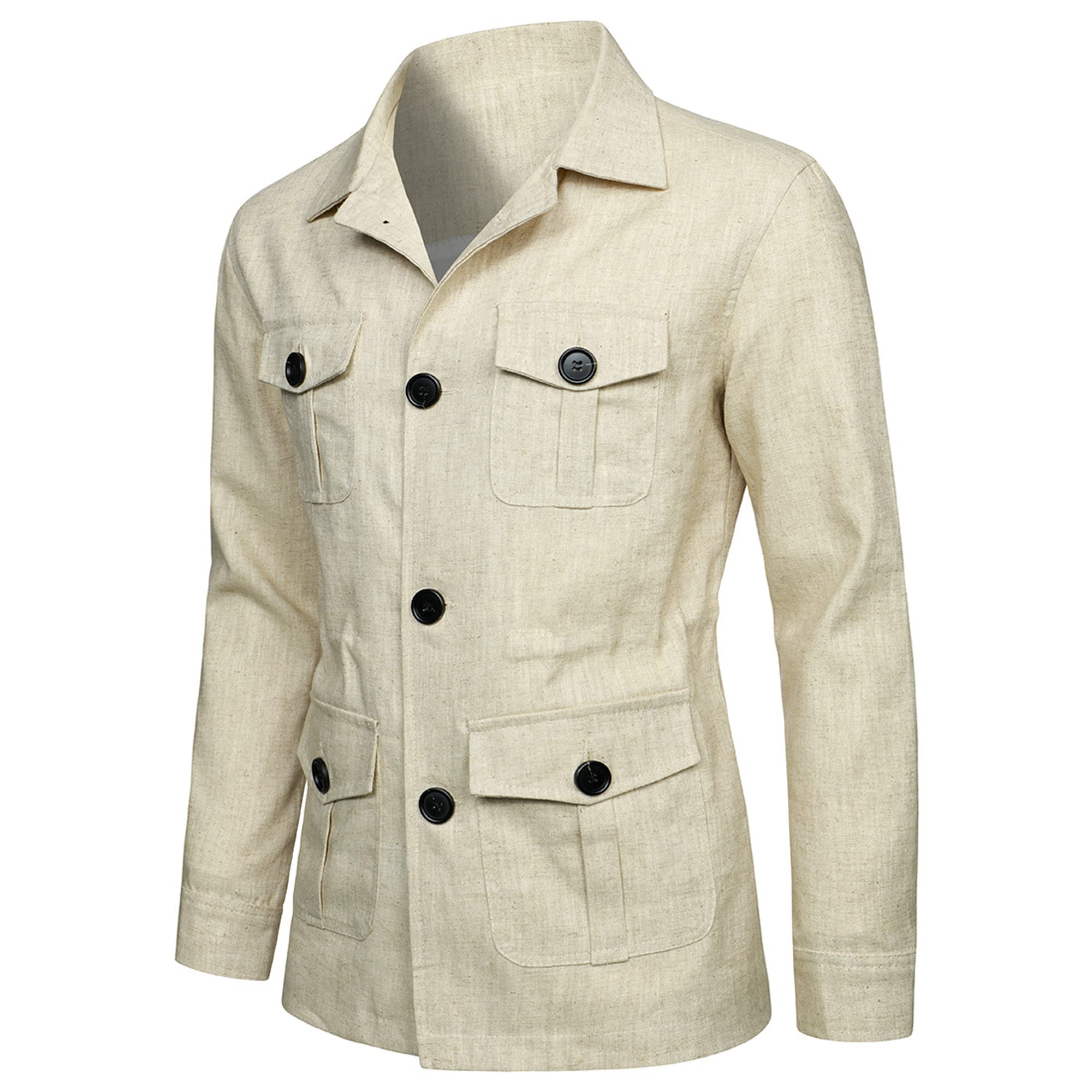 Legou Veste pour homme avec revers en lin et veste de travail multi-poches, ecru, XXXL
