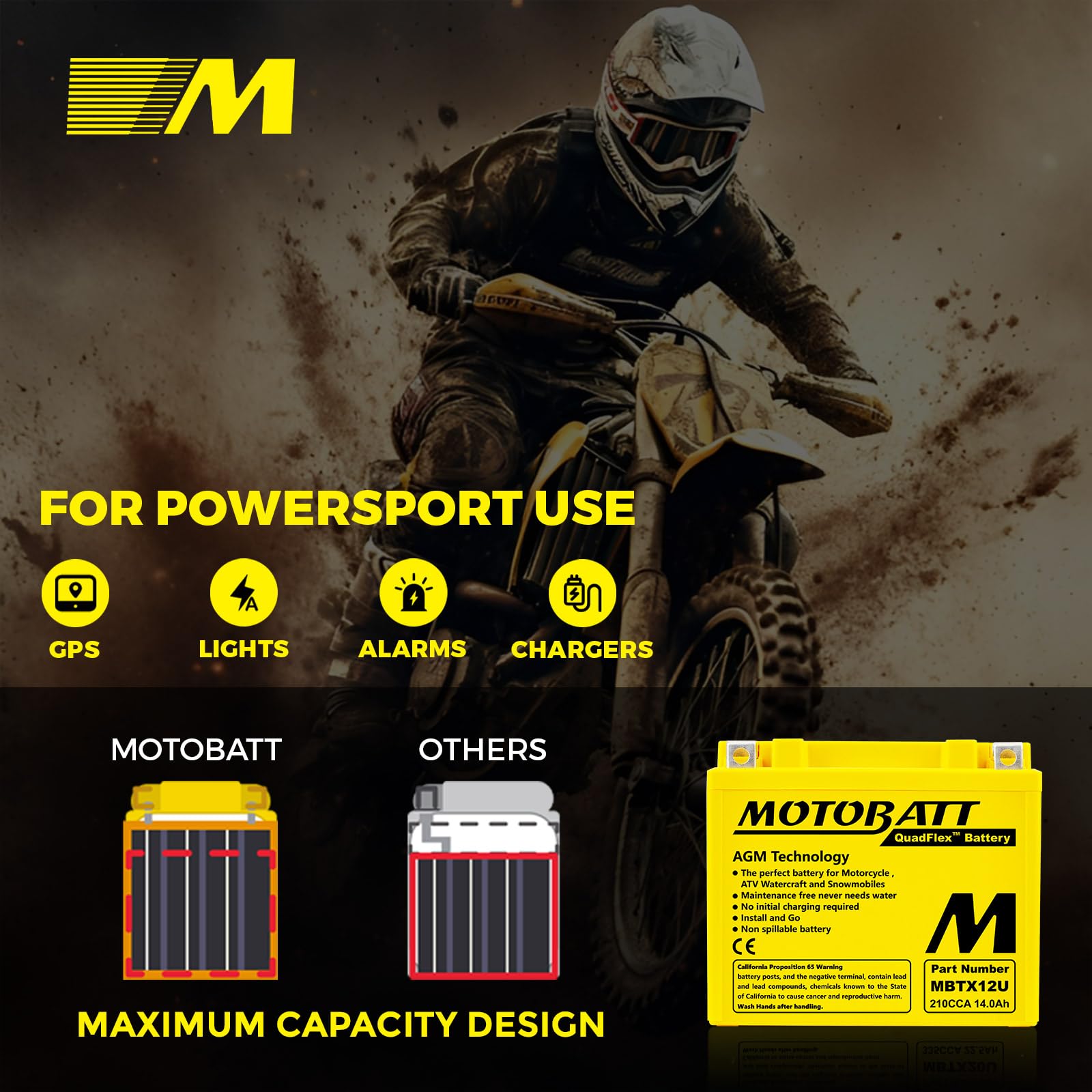 MotoBatt MBTX12U (12 V 14 Amp) 200CCA Factory Activated QuadFlex AGM Battery