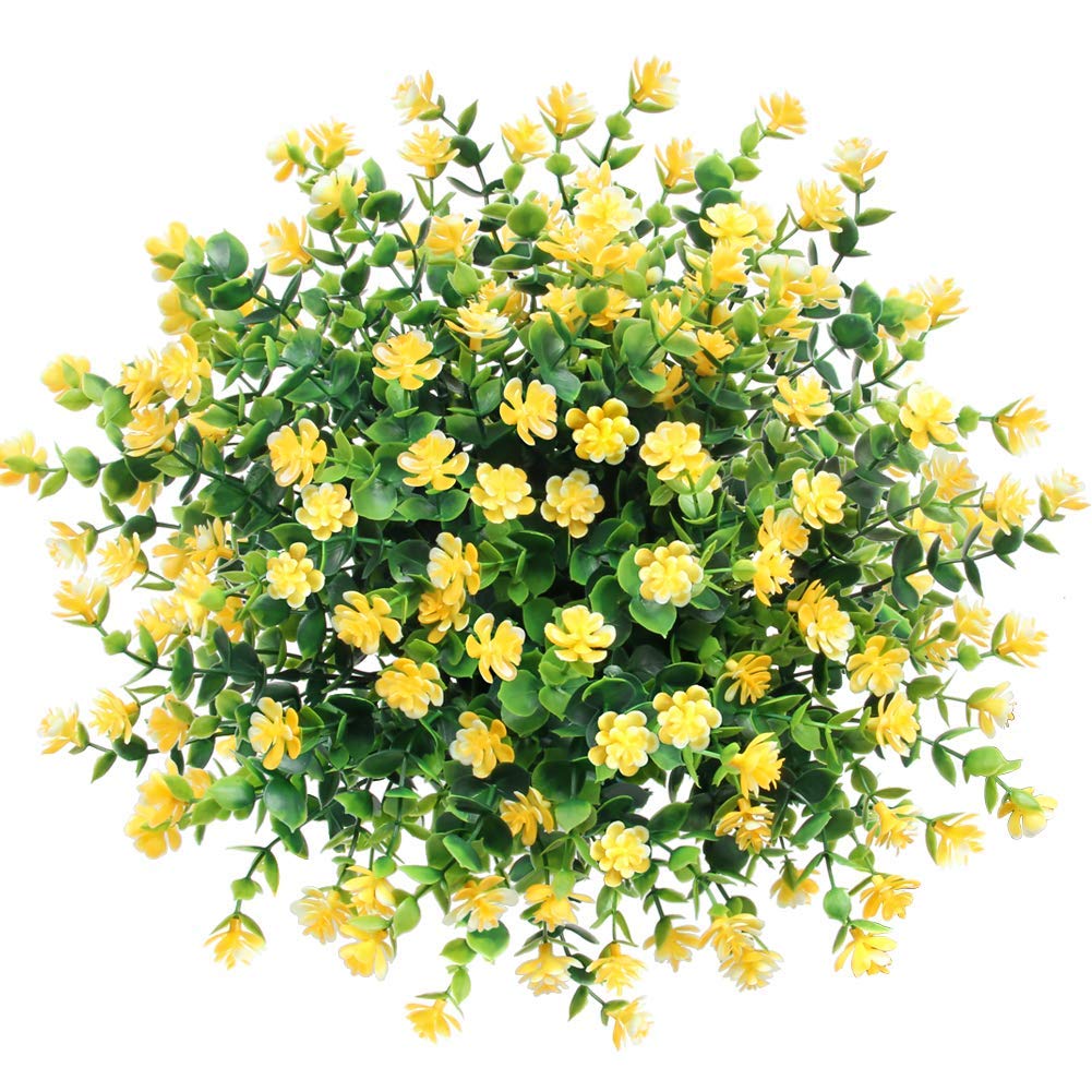 Artificial Flowers 6bundles Outdoor Plants Shrubs Boxwood Plastic Leaves Fake Bushes Greenery for Farmhouse Home Kitchen Window Box Patio Yard Indoor Garden Office Wedding Decor(Yellow)