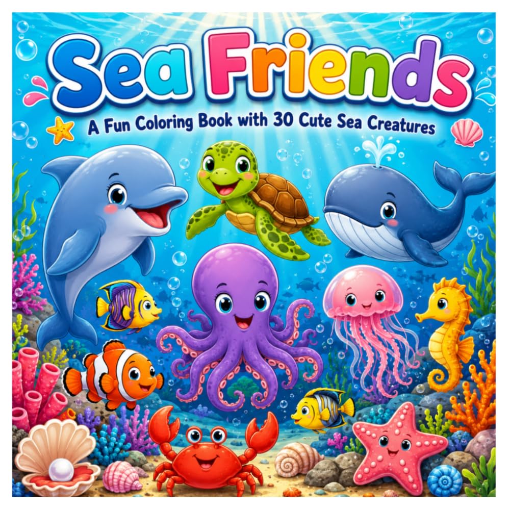Sea Friends: A fun Coloring Book with 30 Cute Sea Creatures | Dolphins, Whales, Sharks, Turtles, Octopuses & More | A Relaxing Underwater Adventure
