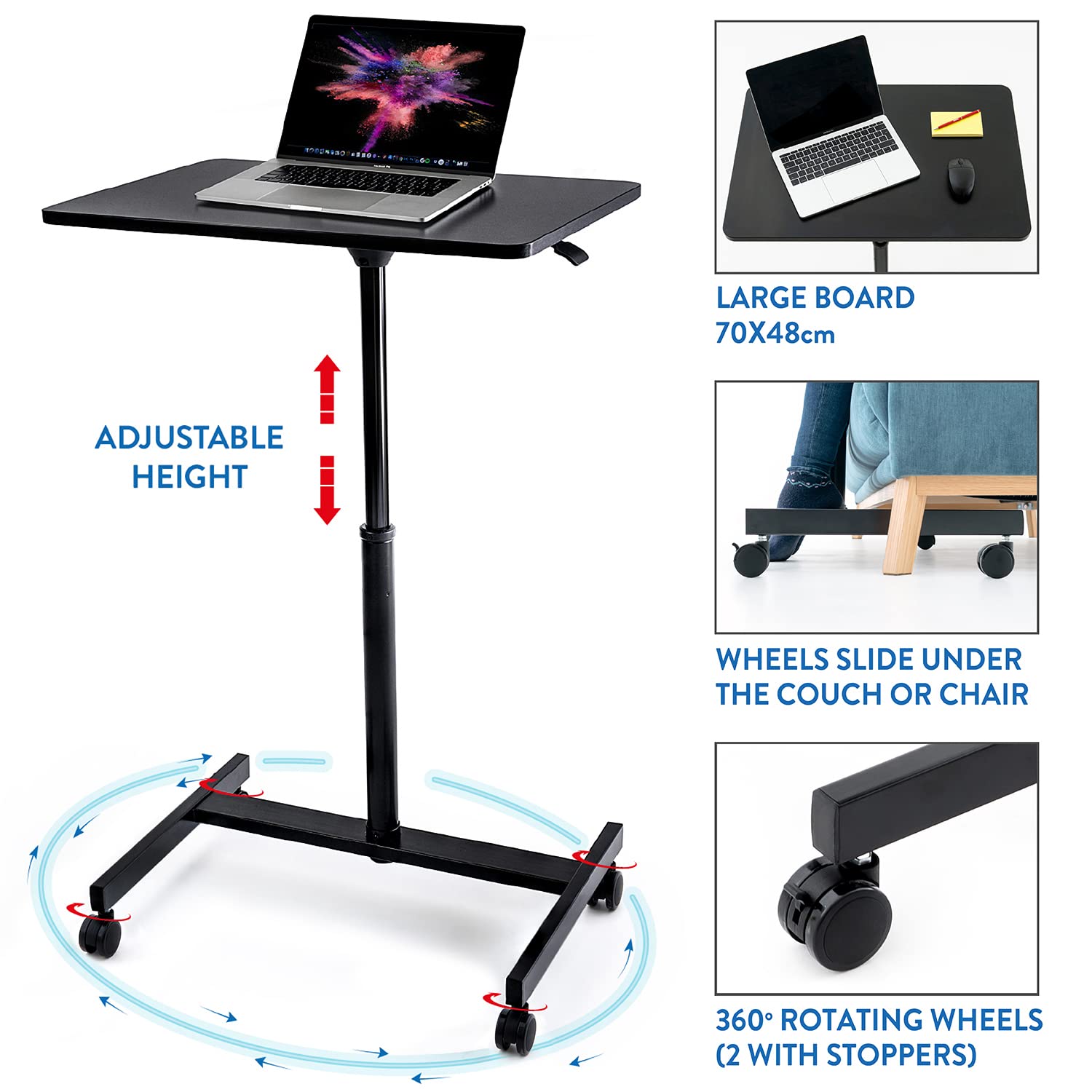 Tatkraft Focus - Laptoptisch Höhenverstellbar, 74-114 cm, Airlift Pneumatischer Sitz-Steh, mit Rädern, große Tischplatte Geeignet bis 19” Laptops