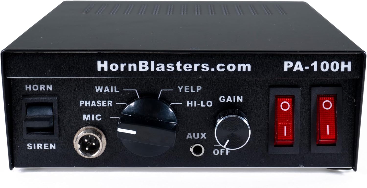 Mberi view of the HornBlasters PA-100H control unit with various knobs and switches.