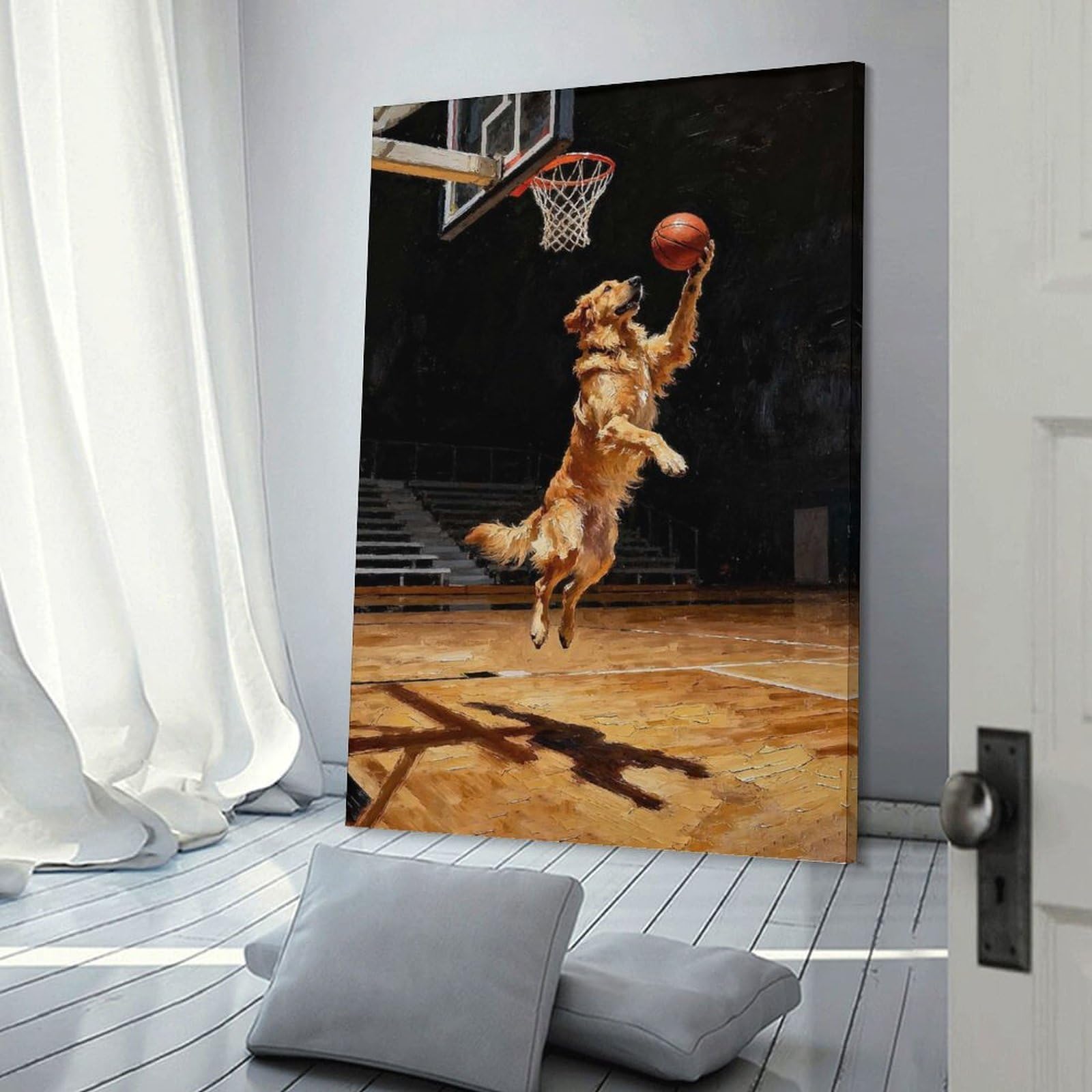 Junmoney Golden Retriever Basketball Player Painting Hanging Wall Art 20x30inch(50x75cm), for New Homes, Bedrooms Or Workspaces, Thoughtful Wall Decor for Art Lovers