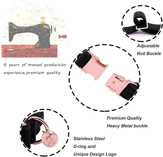 DOGWONG Cotton Dog Collar and Leash Black Pet Collar Soft Durable Basic Puppy Collar for Small Medium Large Dogs