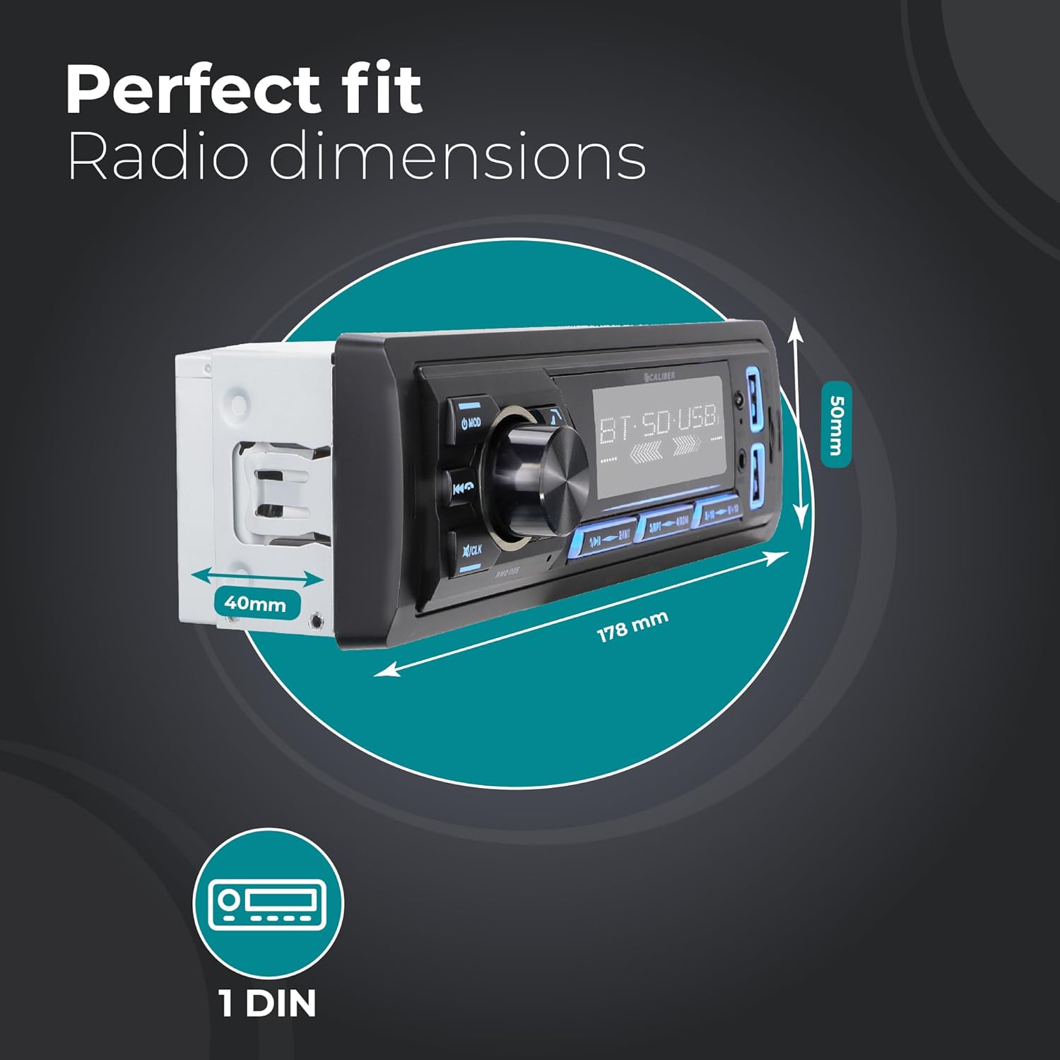 Diagram illustrating the dimensions of the 1 DIN car radio, showing a width of 178mm, height of 50mm, and depth of 40mm.