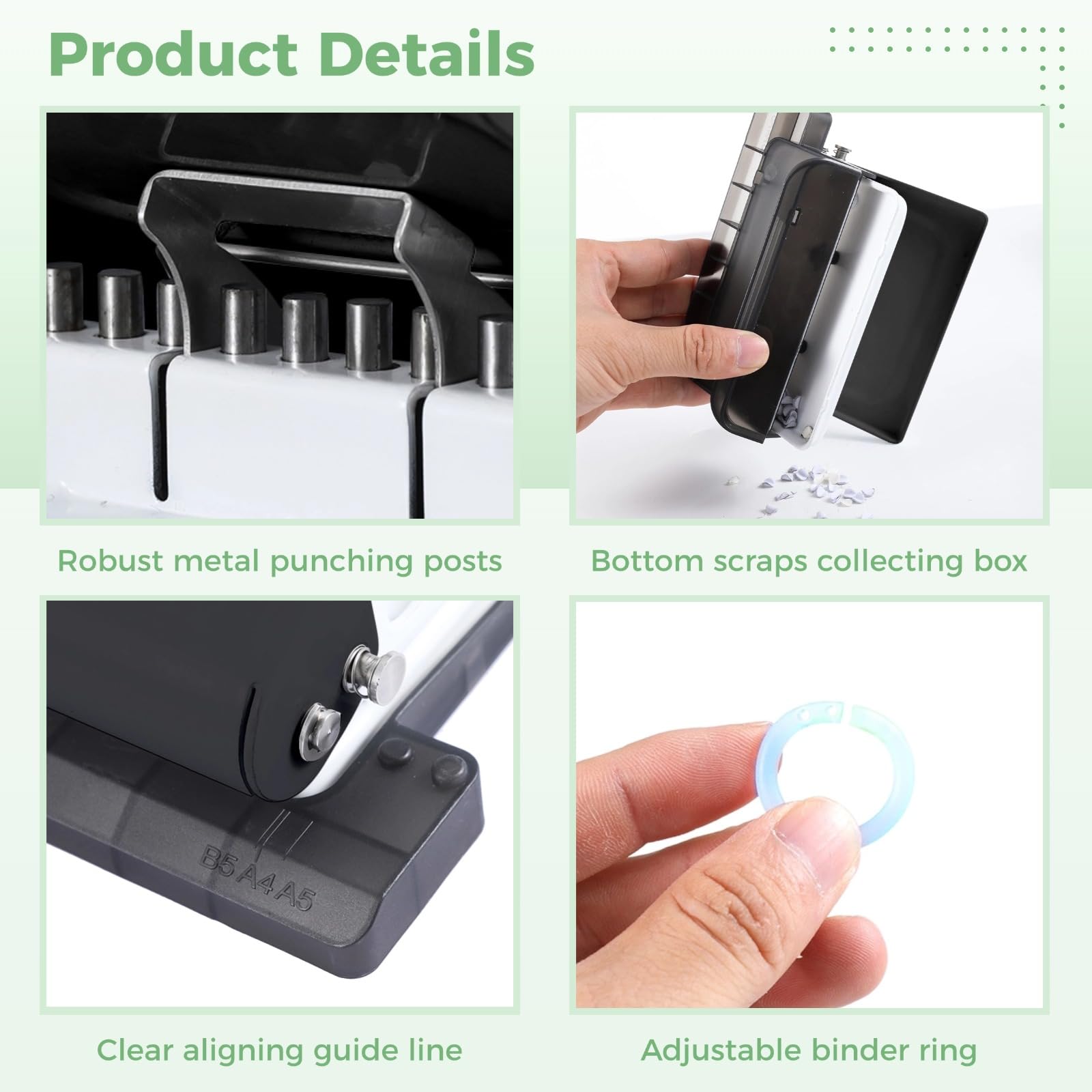 10-Hole Binder Machine Kit, Manual Binding System with 10 Pcs Loose Leaf Binding Spines & 100 Pcs Binder Rings, Binding Machine for Planner, 26 Holes on B5, 30 Holes on A4, 20 Holes on A5 (Black) - Image 4