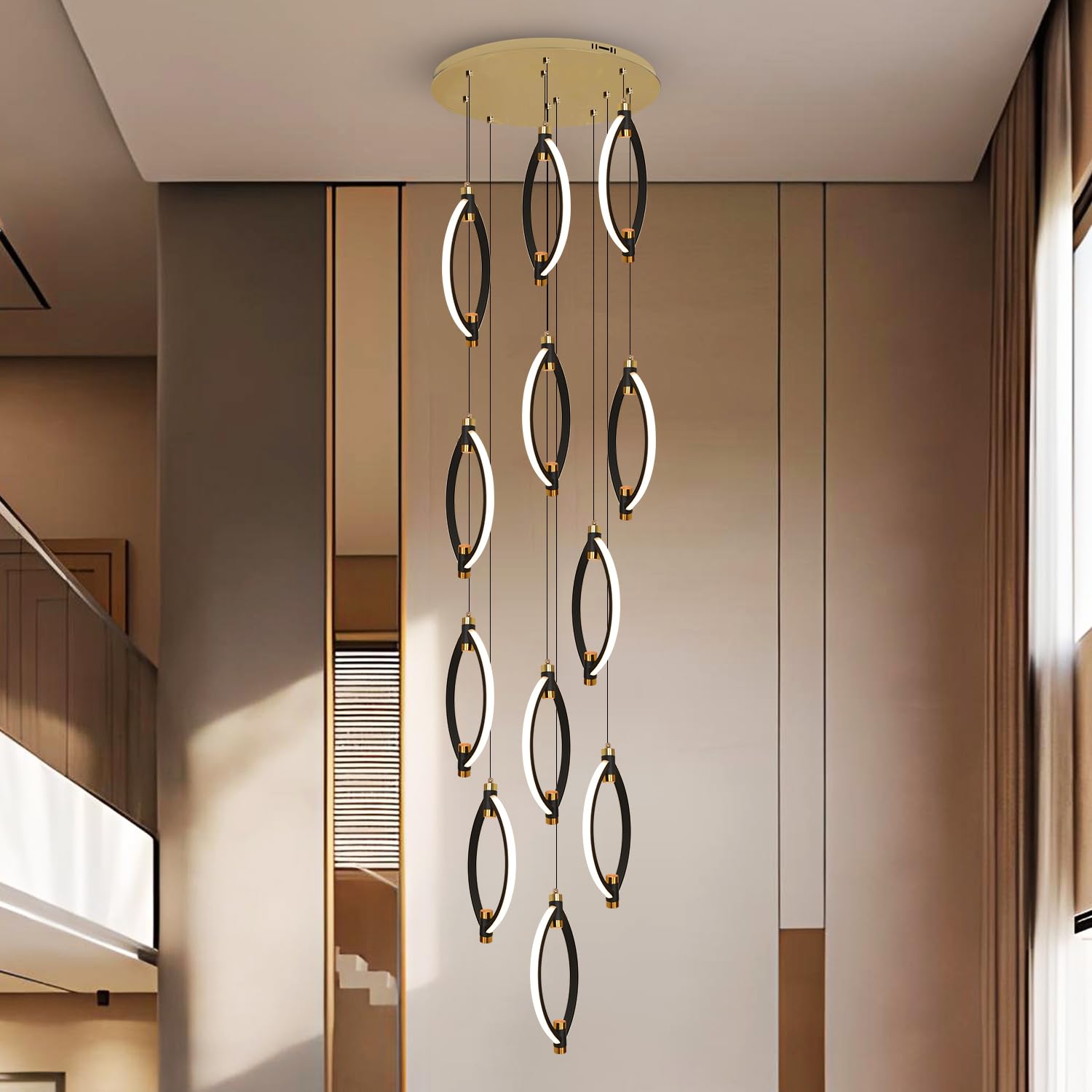 Smartway® 78 Watt Terry Modern Double Height LED Ceiling Chandelier for Staircase, Lobby, Foyer Entryway, Hotel, Living Room & Home Décor Smart Voice Assist App Control & 3 Color Mode (12 Hanging)-image-49