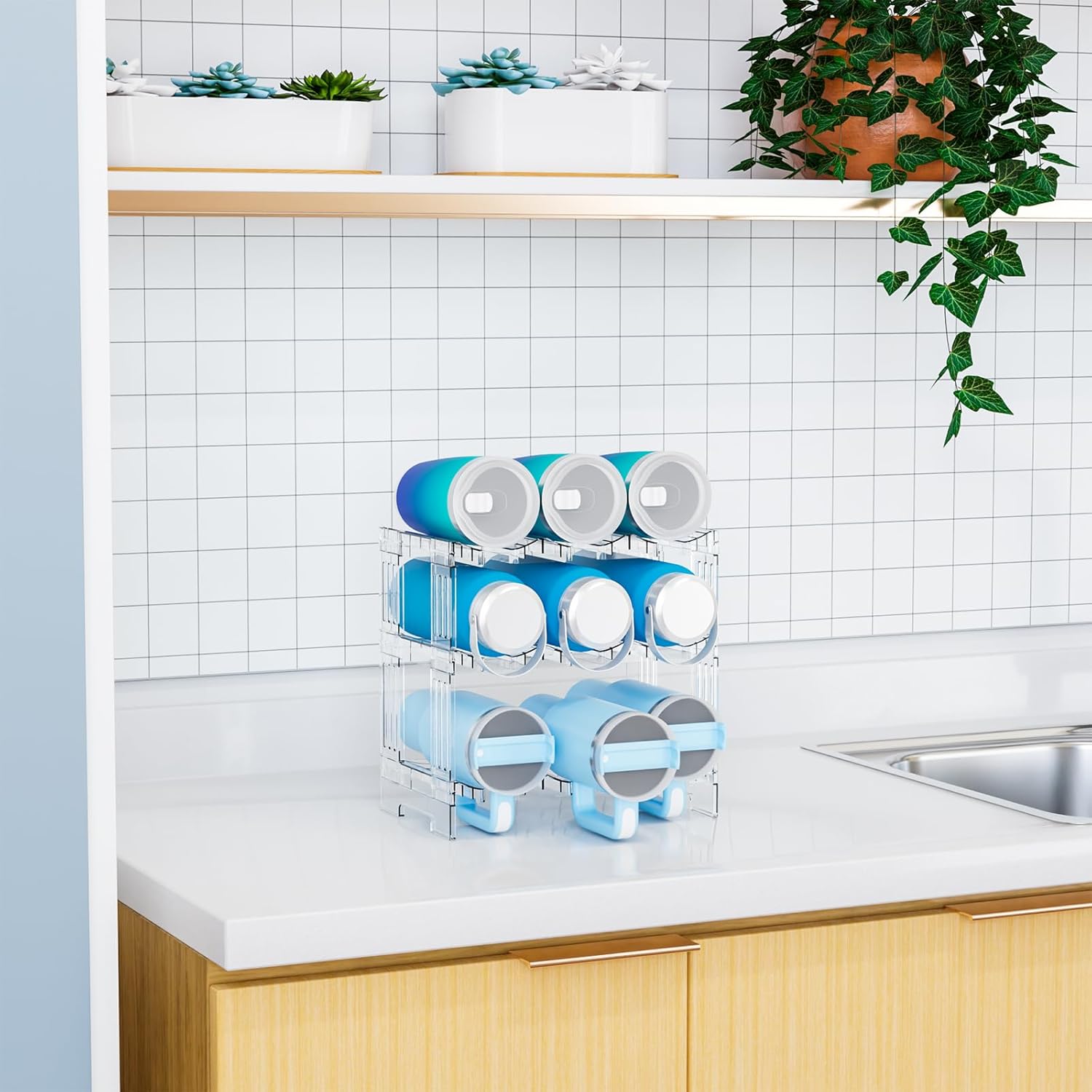 Yieach 3 Tier Stackable Water Bottle and Tumbler Organizer for Kitchen Cabinets,Large Waterbottle Holder and Cup Storage Organizer for 40 OZ Yeti,Owala or Stanley Cup Storage Rack With Handle Groove - Image 6