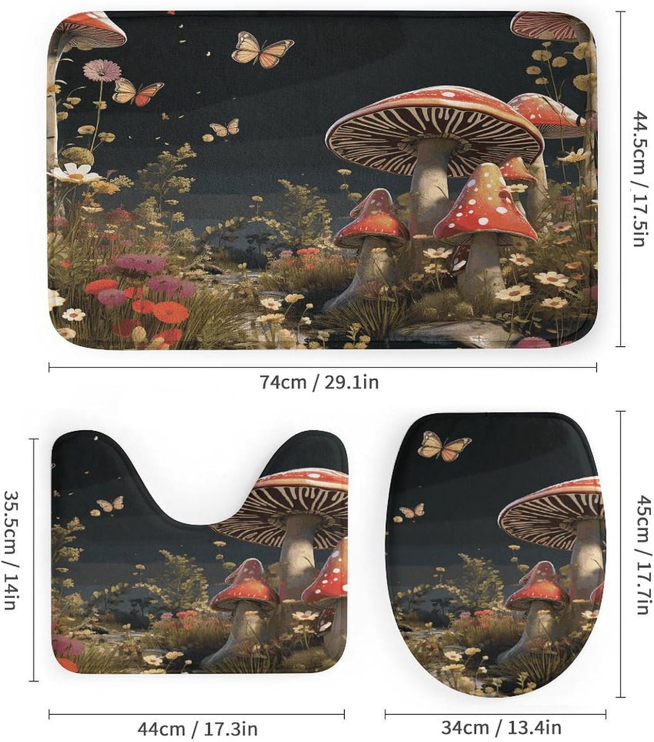 Fairy Tale Style Mushrooms 4Pcs Shower Curtain Set with Non-Slip Rugs, Toilet Lid Cover and Bath Mat,Bathroom Set Decor Accessories,Curtain Set with 12 Hooks, 72 X 72 Inch