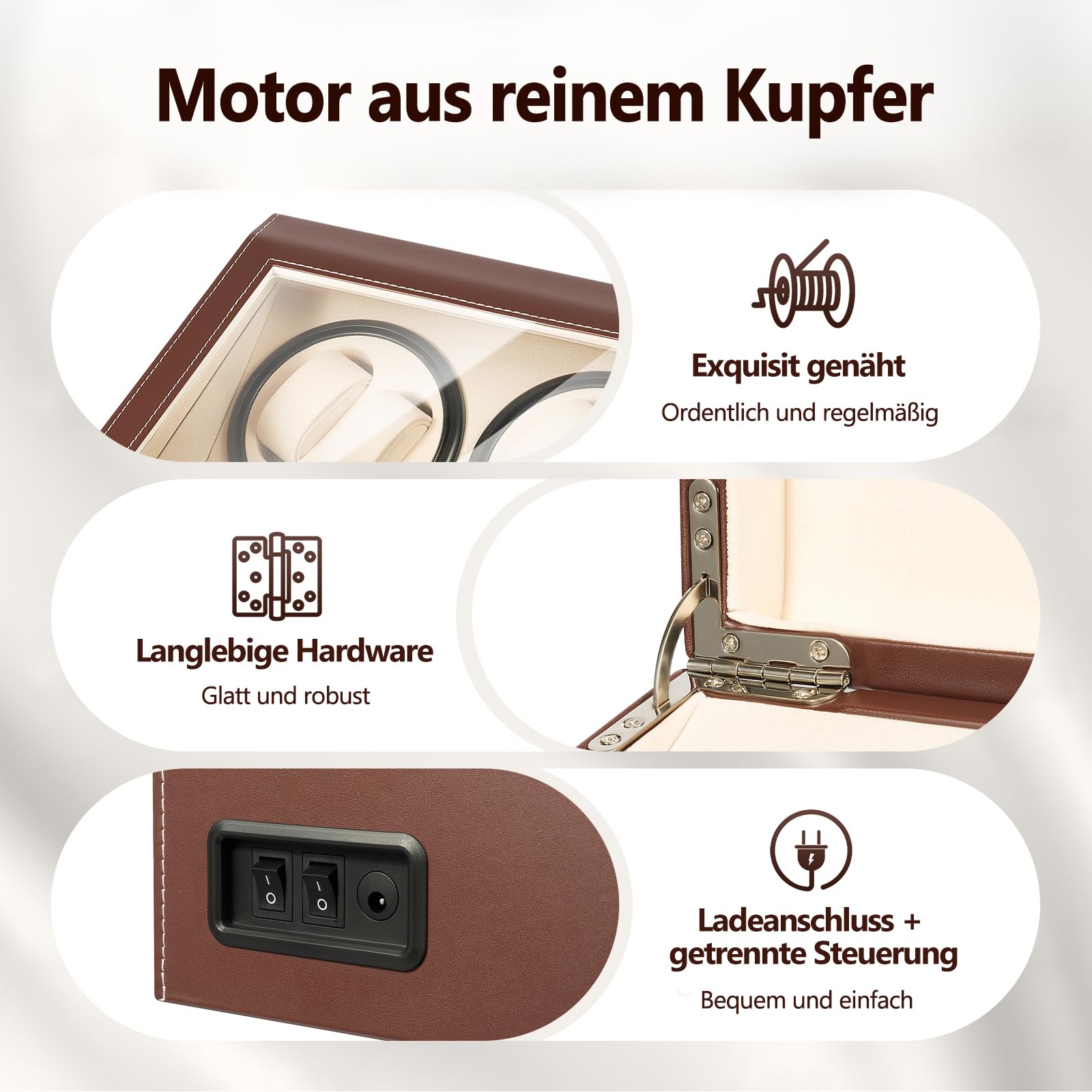 Automatische Uhrenbeweger Box, Uhrenständer Uhrendreher Watch Winder Uhrenkasten Luxuriöser Uhrenbeweger für 4 Automatikuhren + 6 Gitter Uhrenspeichergehäuse, Geräuscharm (Brown)