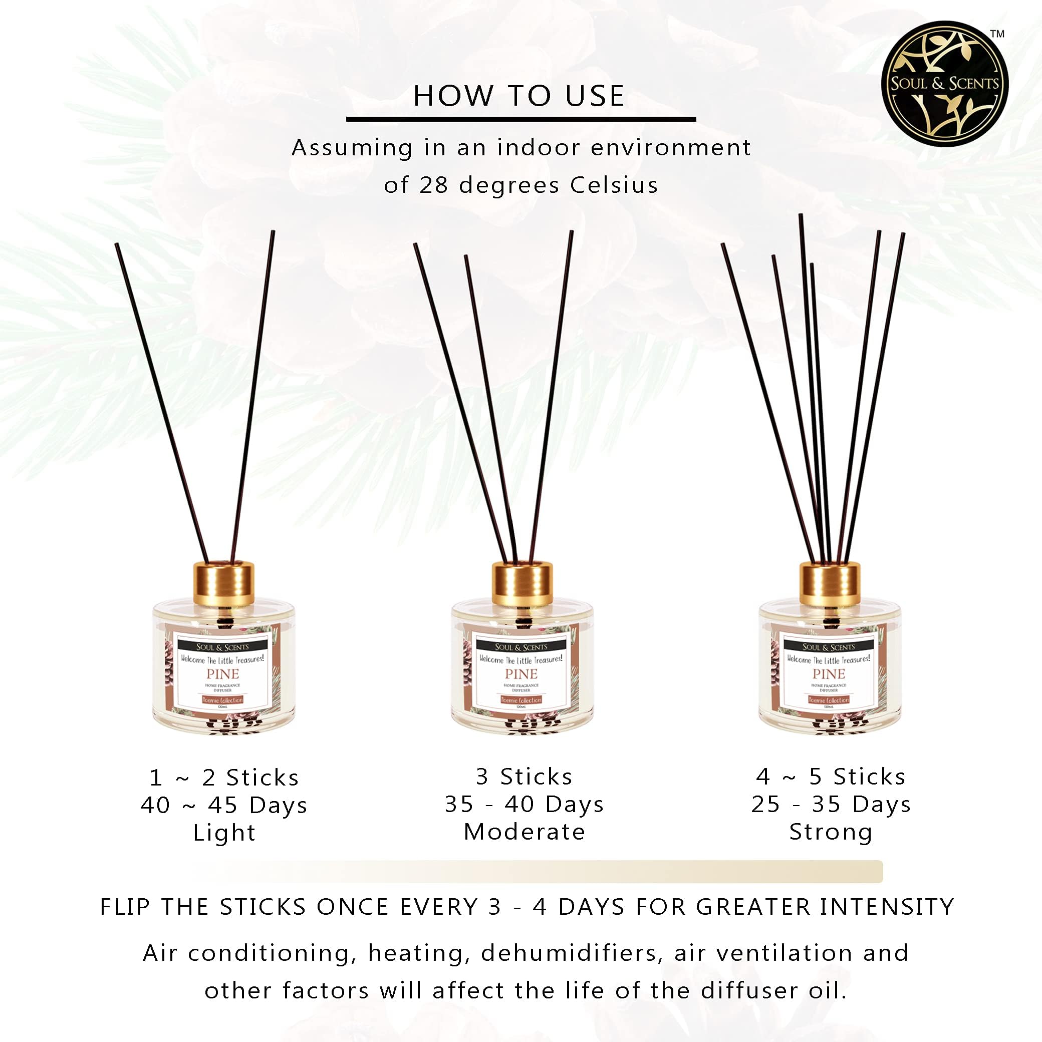 Soul & Scents Pine Reed Diffuser Set - 120ml with Free 6 Fiber Reed Sticks Each | Toxin Free & Stress Relief | Long Lasting | Smoke Less Room Freshener for Home, Bedroom & Office | Pack of 2 1