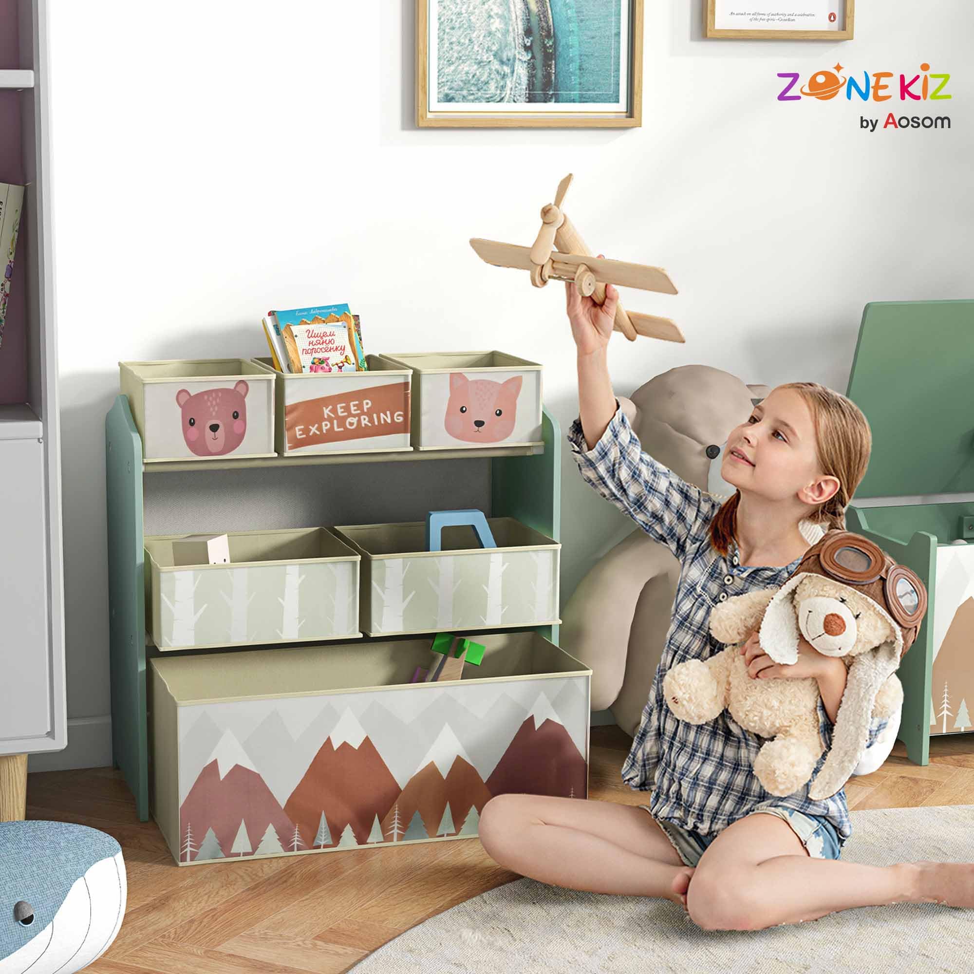 ZONEKIZ Kinderregal, Spielzeugregal mit 6 herausnehmbaren Aufbewahrungsboxen aus Vliesstoff, Bücherregal, Kinderzimmerregal für Kinderzimmer, Kindergarten, Spielzimmer, 63x30x66 cm, Grün