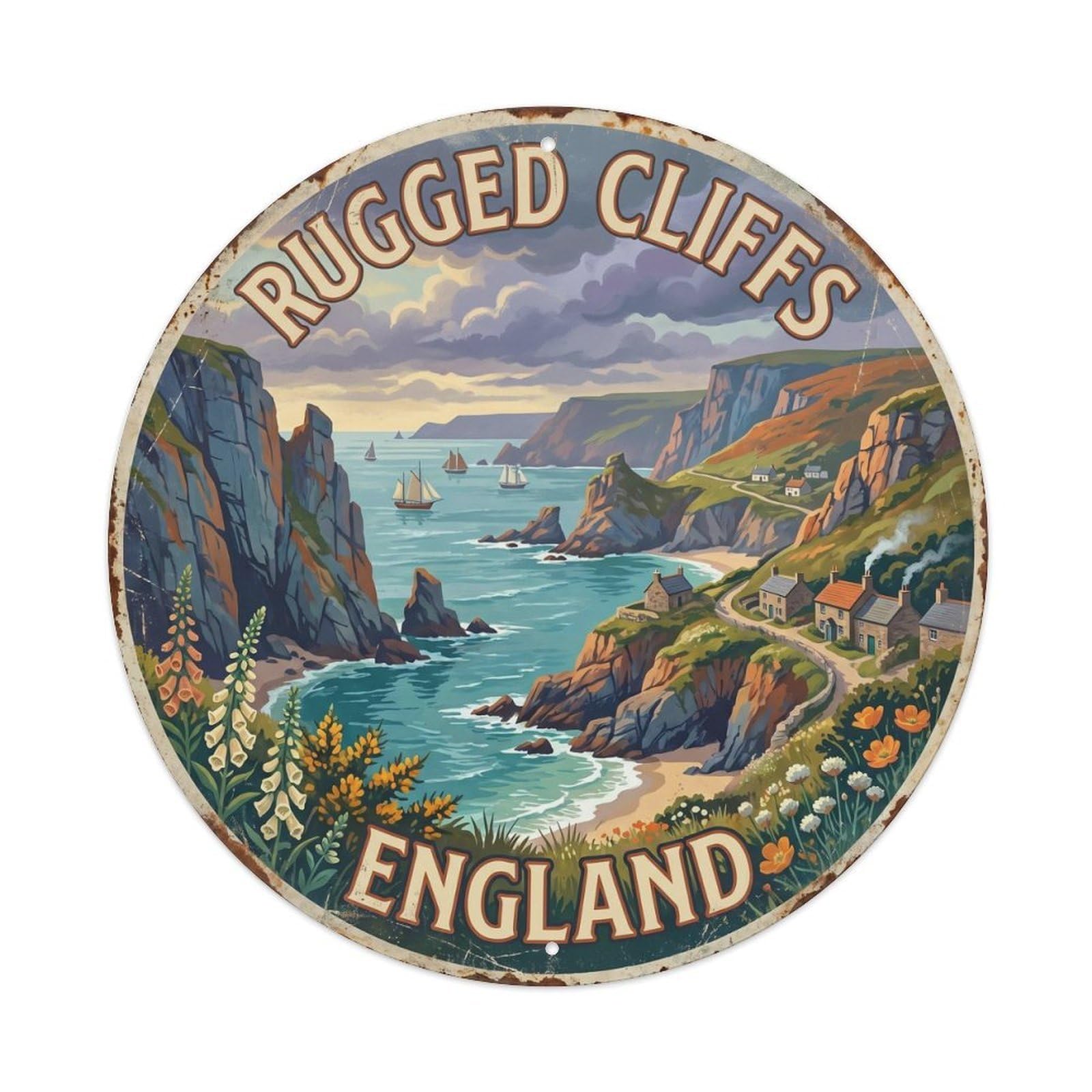 Vintage Travel Rugged Cliffs England Metal Tin Sign Plaque Wall Decor for Cafe, Club, Garden Round Metal Poster 8x8Inch