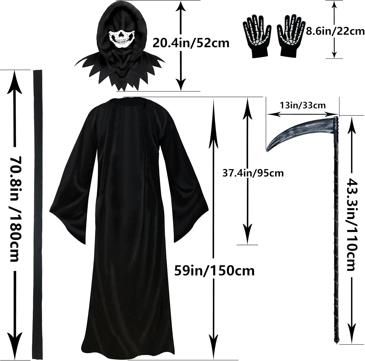 Grim Reaper Costumes Set for Adult Halloween Scary Ghost Hooded Robe