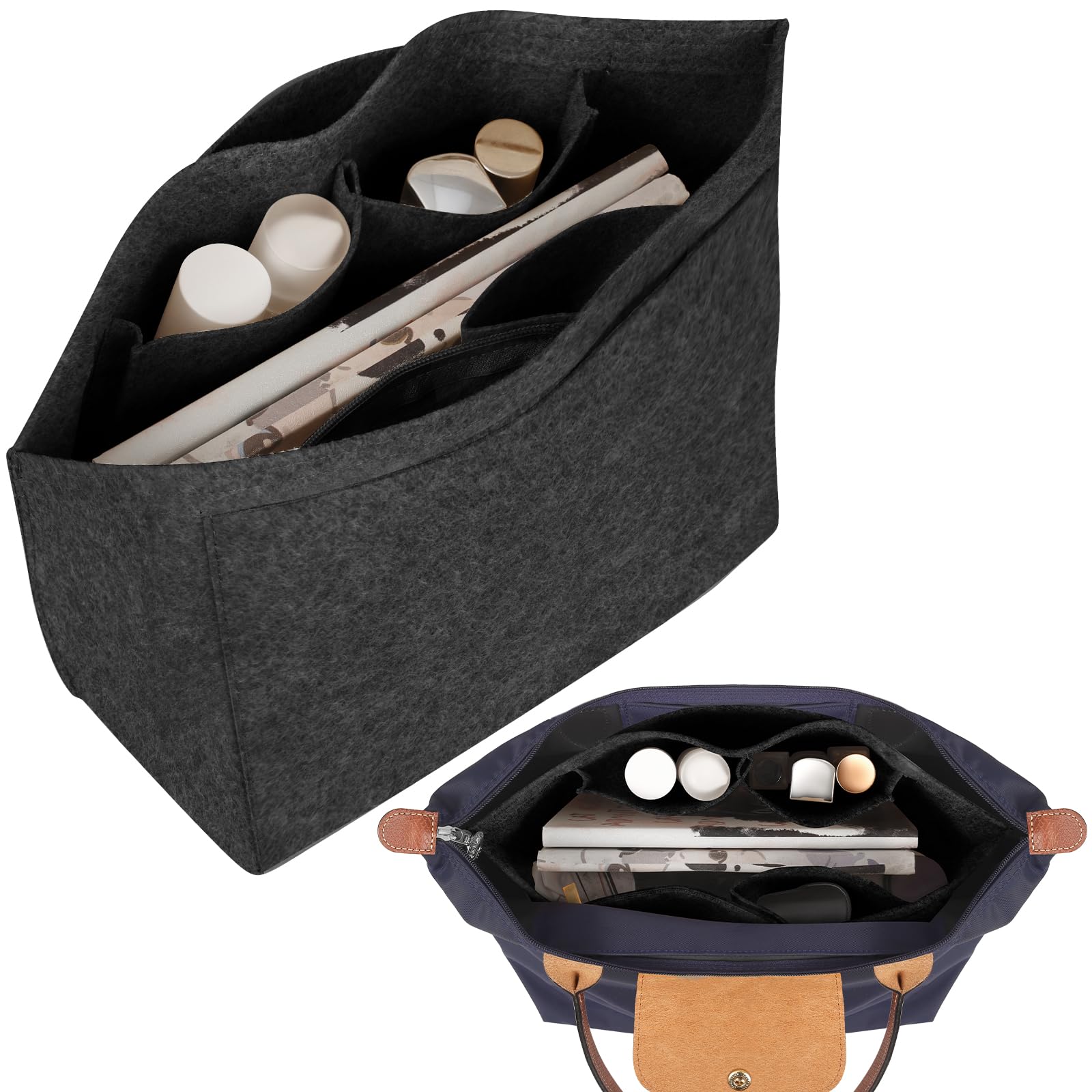 Tonsunul Bag Organiser Shopper Dark Grey L Handbag Organiser L Organiser Inner Pocket for Shopper Handbag Organiser Felt Bag Organiser with Multiple Compartments Gifts for Women