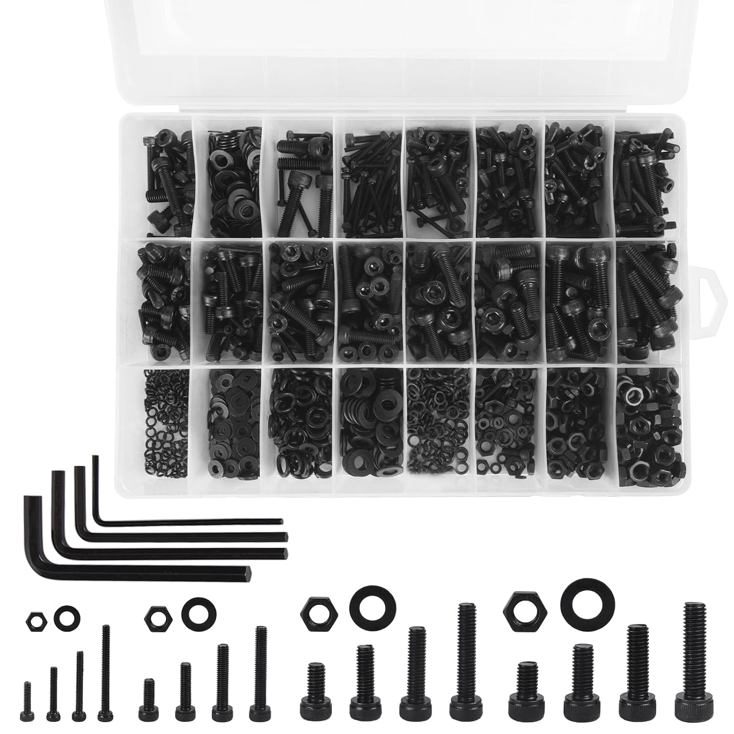 2000Pcs Metric Bolt Assortment M2 M3 M4 M5 Black Machine Screws Hex Socket Head Cap 12.9 Alloy Steel Assorted Bolts Nuts Washers Kit with Hex Wrenches for 3D Printer Furniture Industrial