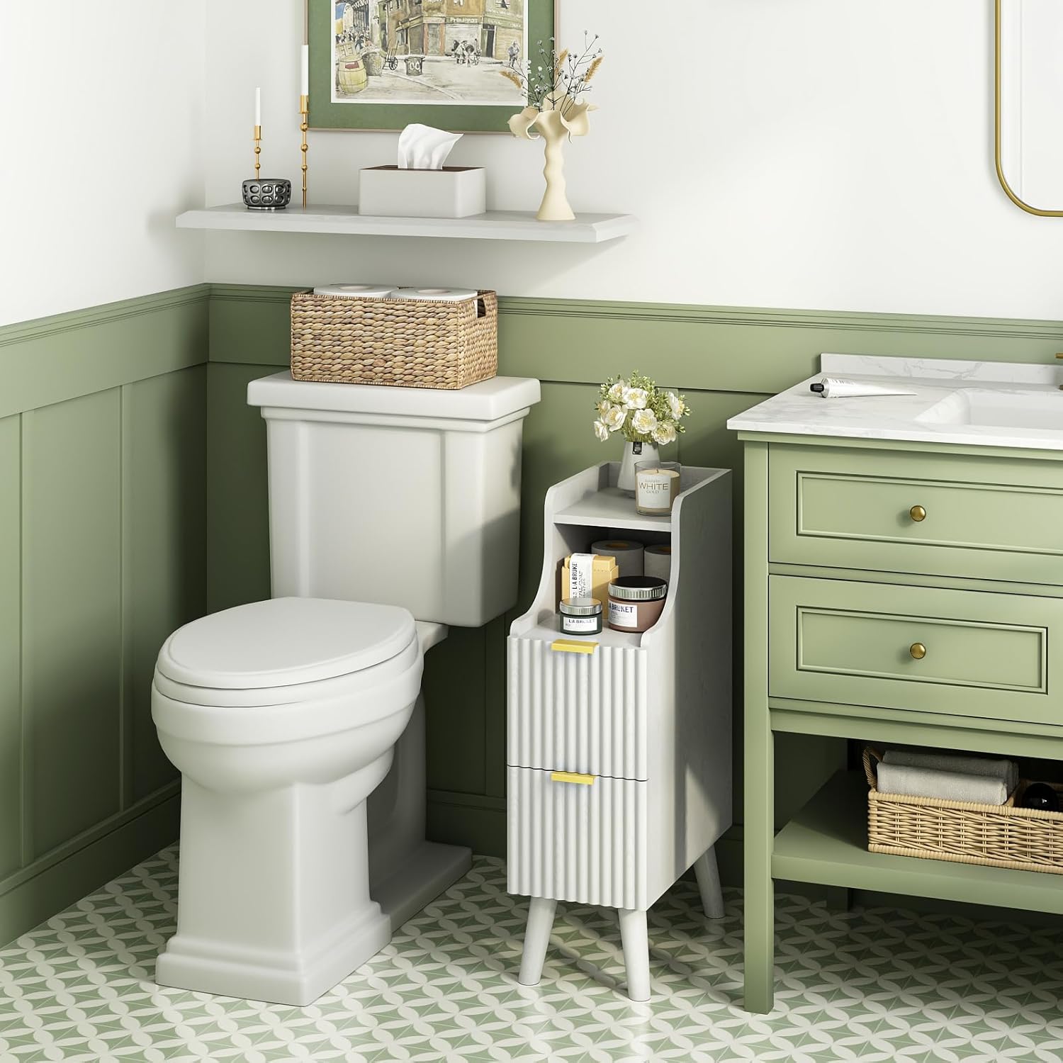 BREEZEHEAT 7.9" Narrow Nightstand, 25.59" Tall Fluted Narrow Nightstand with Drawers, Wooden Small Bedside Table for Small Spaces, Modern Skinny Side Table, Slim Nightstand for Bedroom, White