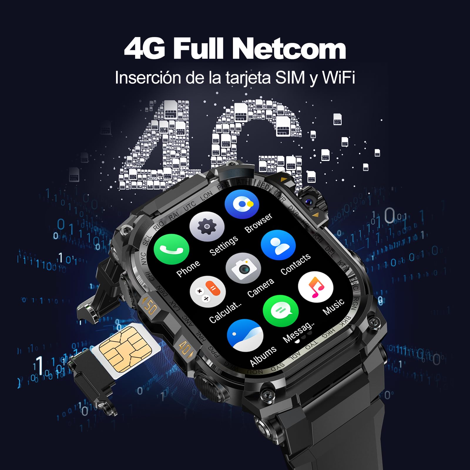 Reloj inteligente militar para hombre (almacenamiento de música), reloj inteligente de 2 pulgadas para Android e iOS, rastreador de fitness con linterna/auriculares TWS conectables pero (Negro)