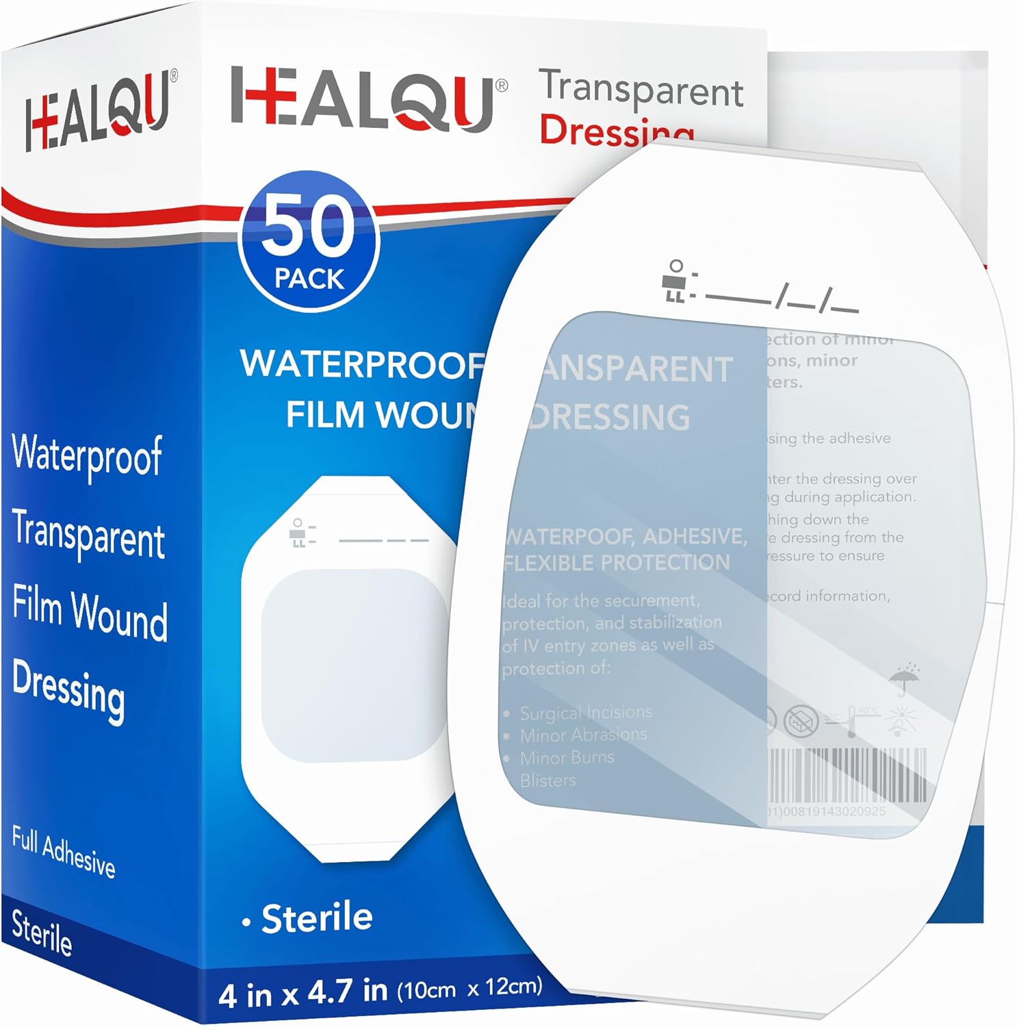 Transparent Film Dressing 4" x 4.75" (50 Pack) – Waterproof Adhesive Wound Bandages for Post-Surgical Shower, IV Shield, Tattoo Aftercare, Clear Breathable Dressing Patches by HEALQU