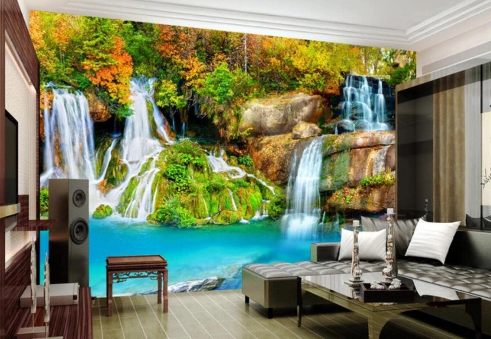Papier peint panoramique 3D pour agrandir un salon avec un paysage