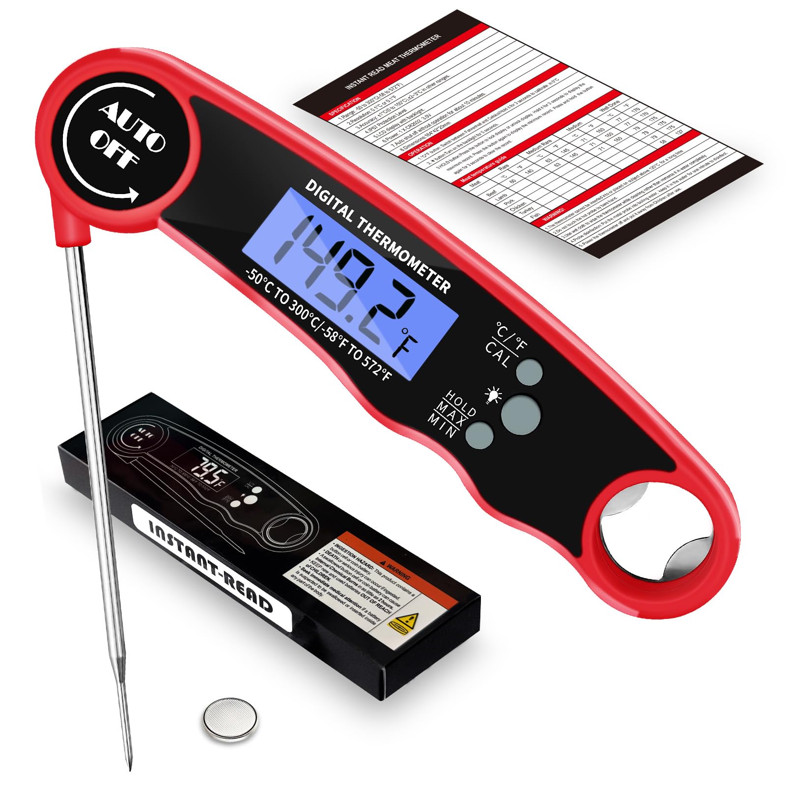 Fleischthermometer Digital, Sofort ablesbares Lebensmittelthermometer zum Kochen Grill BBQ Fritteuse, Wasserdicht & Hintergrundbeleuchtetes Display Digitales Fleischthermometer - Küchenhelfer