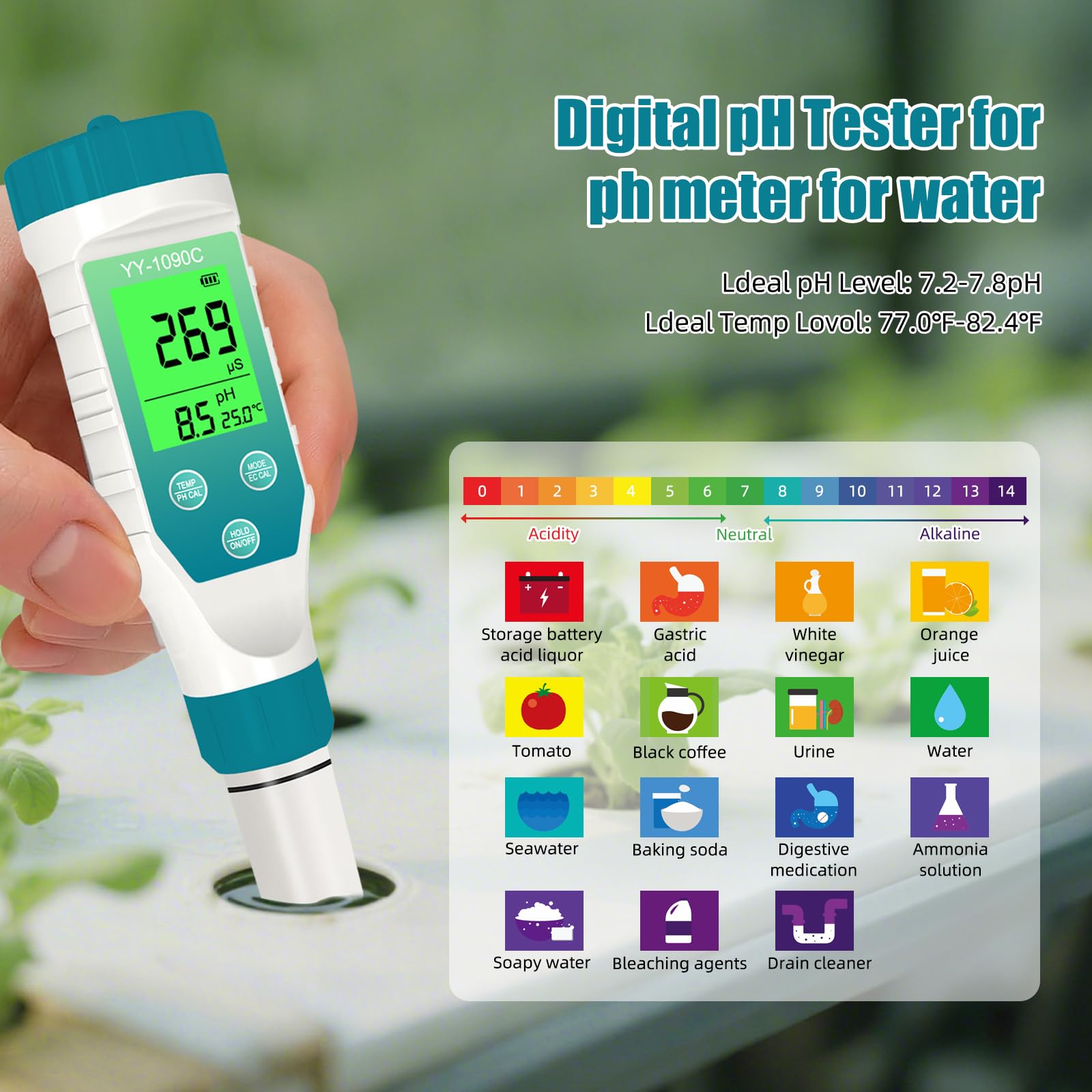 Medidor de pH para hidroponía y medidor de sal de spa - Medidor de pH, salinidad, TDS, EC y temperatura 5 en 1 con calibración de 12,88 mS/cm - Monitor de calidad del agua de piscina de agua salada