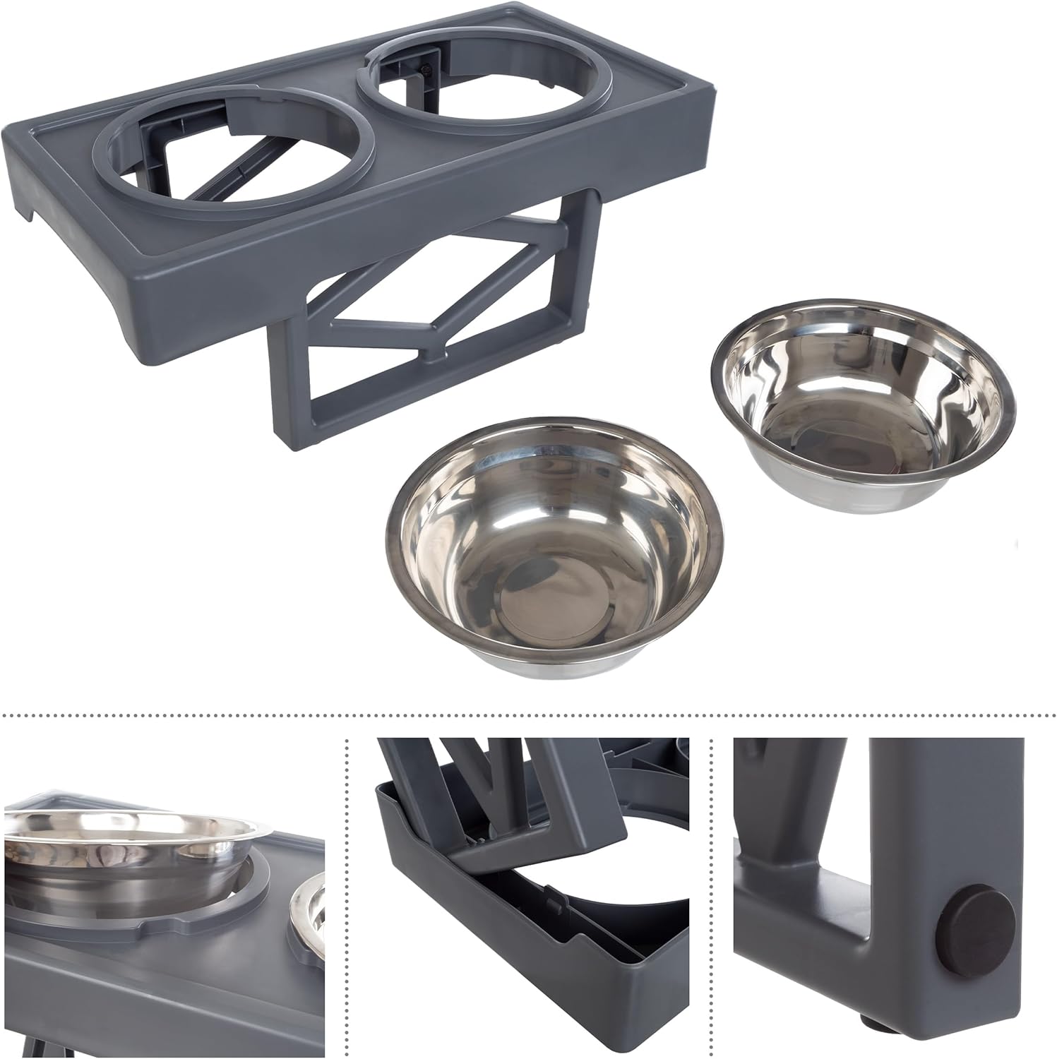 Elevated Dog Bowls Stand - Adjusts to 3 Heights for Small, Medium, and Large Pets - Stainless-Steel Dog Bowls Hold 34oz Each by PETMAKER (Gray)