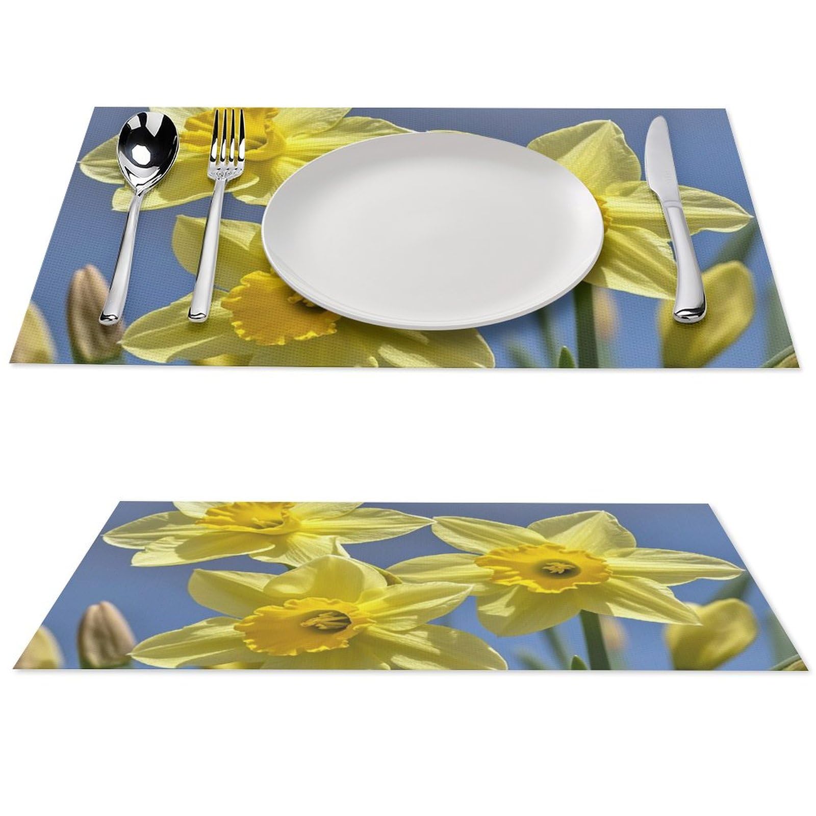Set de table jaune lavable en PVC avec motif fleurs et jonquilles imprimées