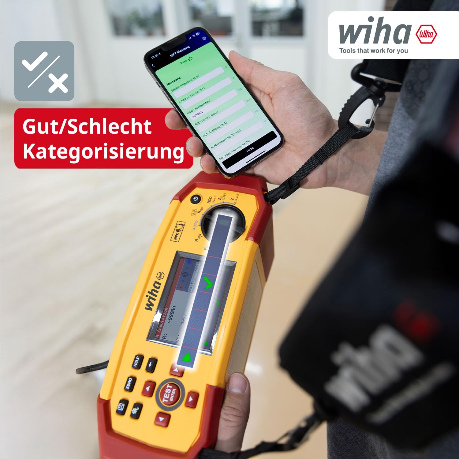 Wiha Wielofunkcyjny tester instalacyjny MFT One Set I miernik zgodny z normą DIN VDE 0100 z dokumentacją NFC, testem AUTO-Test i testem RDC-DD w walizce z paskiem do noszenia, adapterem EVSE i etui na