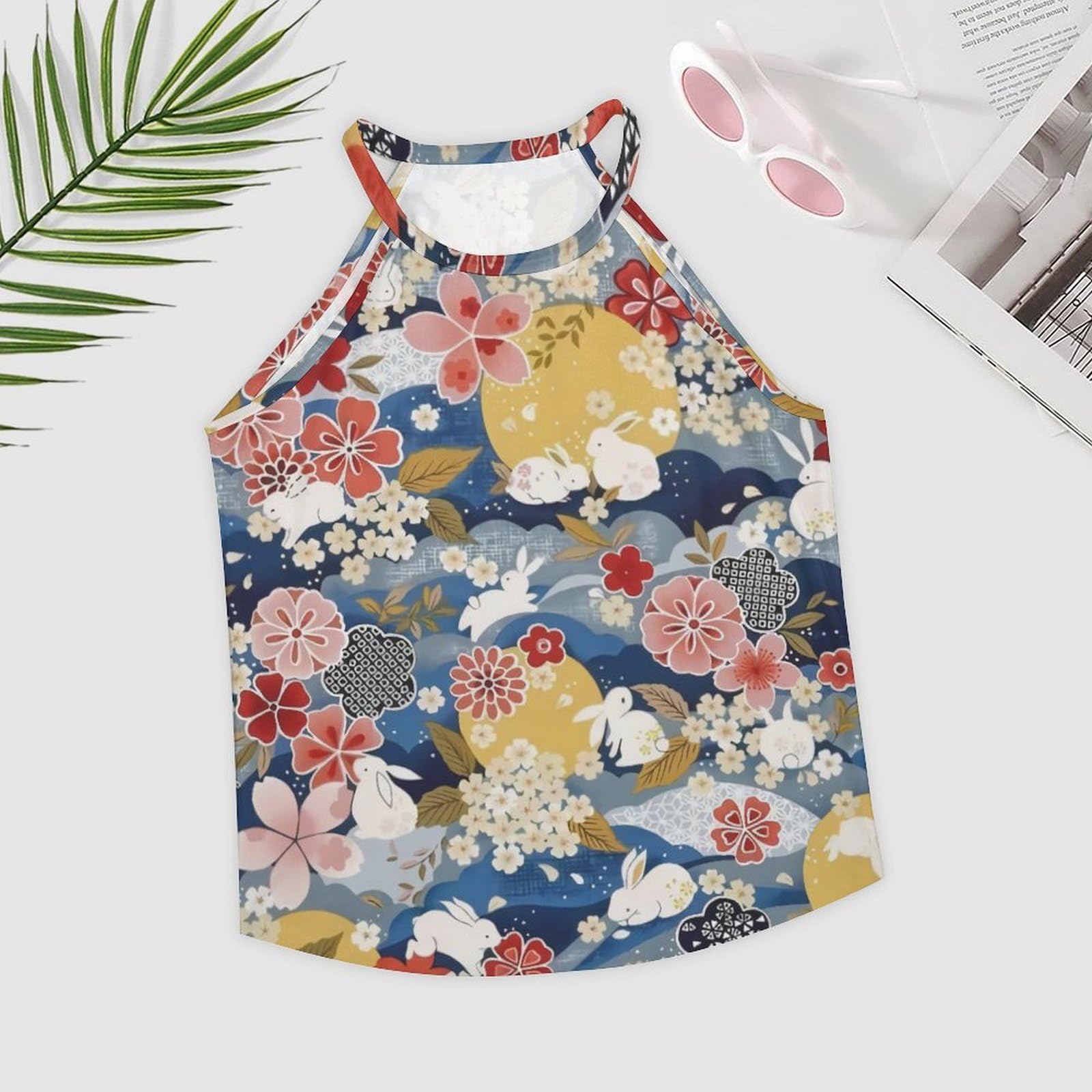 Amazon.co.jp: タンクトップ レディース 和風 和柄 波柄 玉兎柄 桜の花 