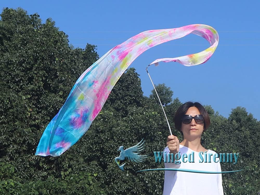 Winged Sirenny Youth Silk Ribbon Dancer Wand, Church Worship & Praise Adoration Dance Flag Banner, Juggling Play Silk Streamer with Rods.